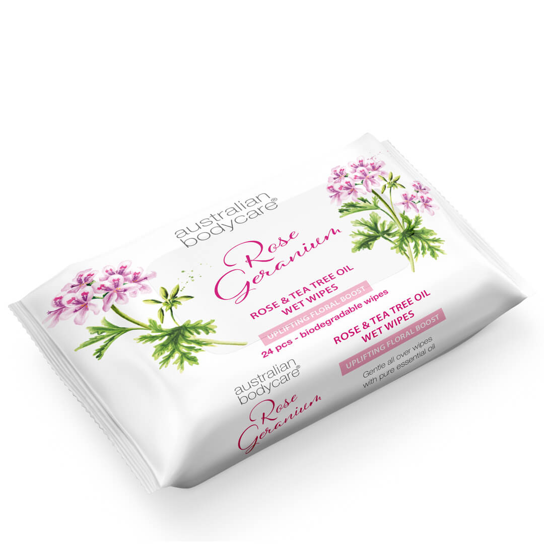 Vlhčené ubrousky s Rose Geranium & Tea Tree olejem (24 ks.) - Odstraňují bakterie, nečistoty a make–up