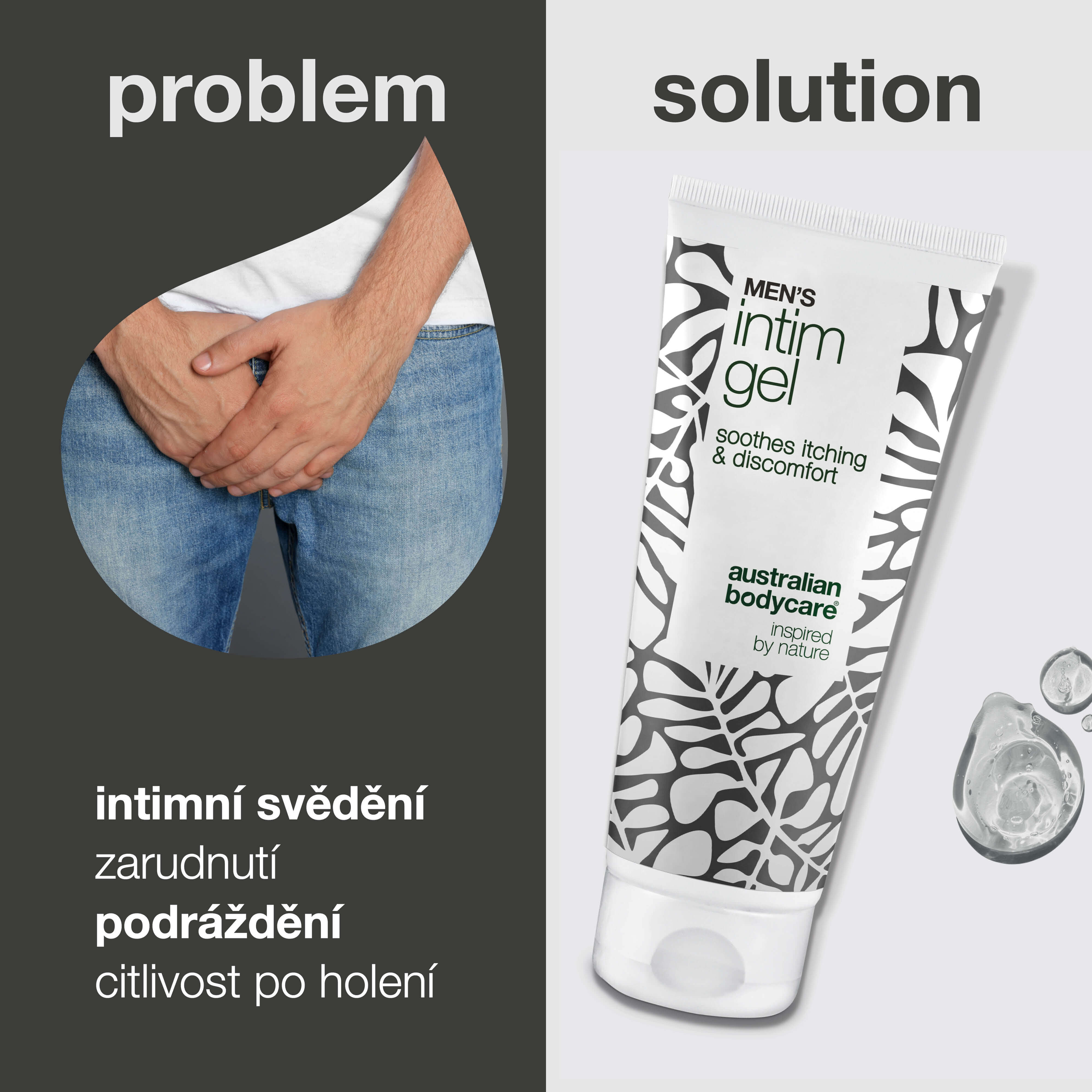 Intimní gel pro muže – Zmírňuje svědění a podráždění — Rozlučte se se svěděním s Intimní gel pro muže. Udržuje pokožku svěží a vyváženou díky nemastné, rychle se vstřebávající formuli.