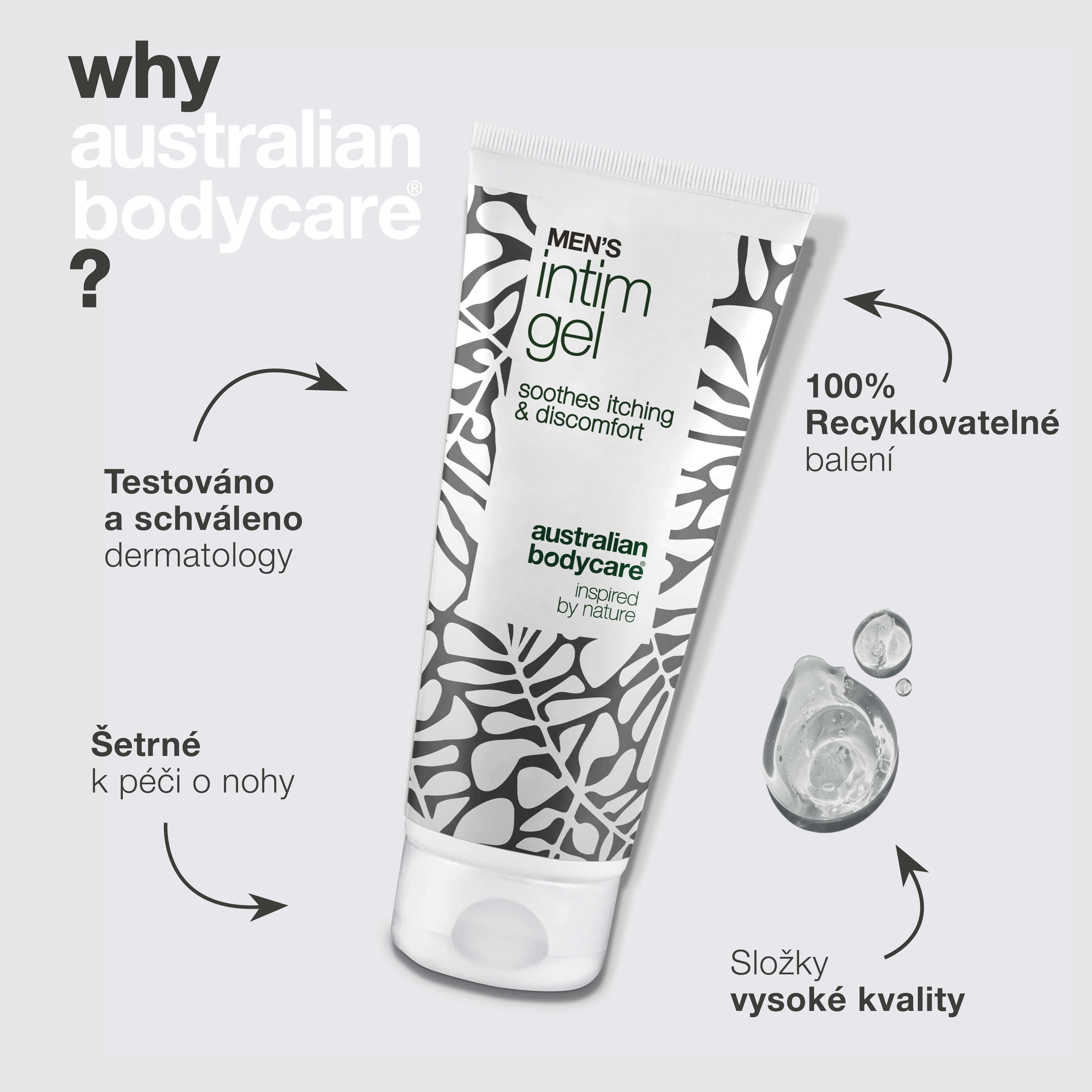 Intimní gel pro muže – Zmírňuje svědění a podráždění — Rozlučte se se svěděním s Intimní gel pro muže. Udržuje pokožku svěží a vyváženou díky nemastné, rychle se vstřebávající formuli.