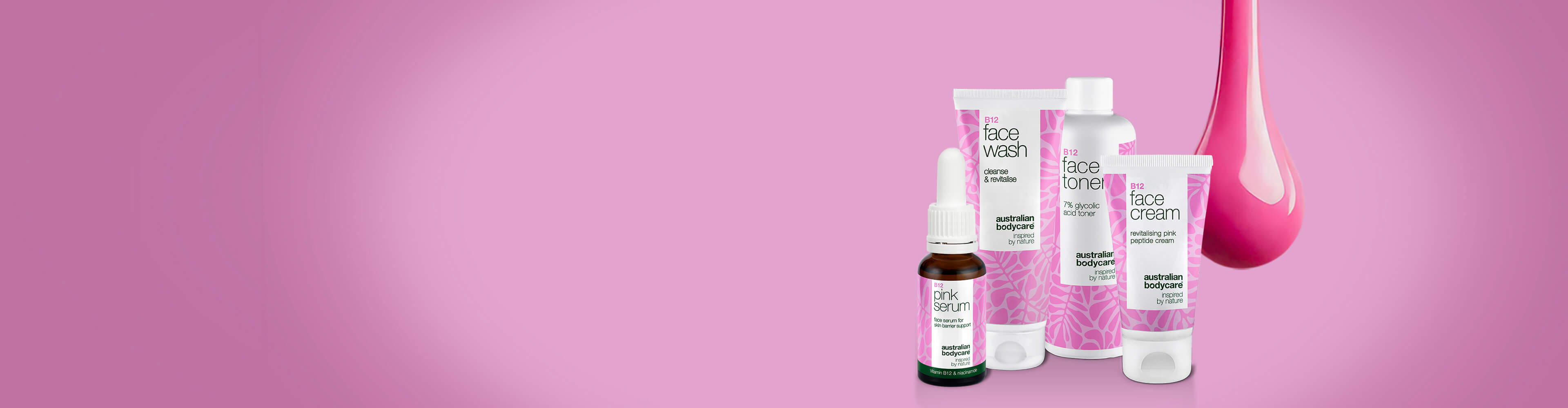 Banner s vitamínem B12 zobrazující 4 nové produkty s vitamínem B12 a známou růžovou barvu