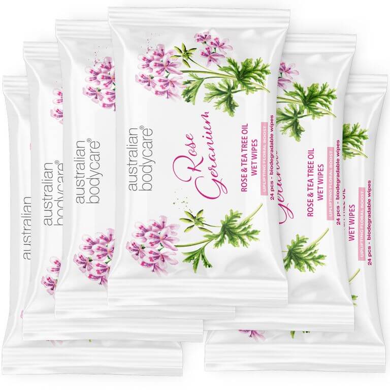 Vlhčené ubrousky s Rose Geranium & Tea Tree olejem (24 ks.) - Odstraňují bakterie, nečistoty a make–up