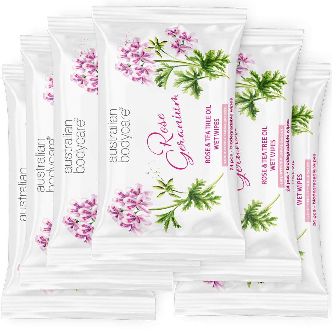 Vlhčené ubrousky s Rose Geranium & Tea Tree olejem (24 ks.) - Odstraňují bakterie, nečistoty a make–up