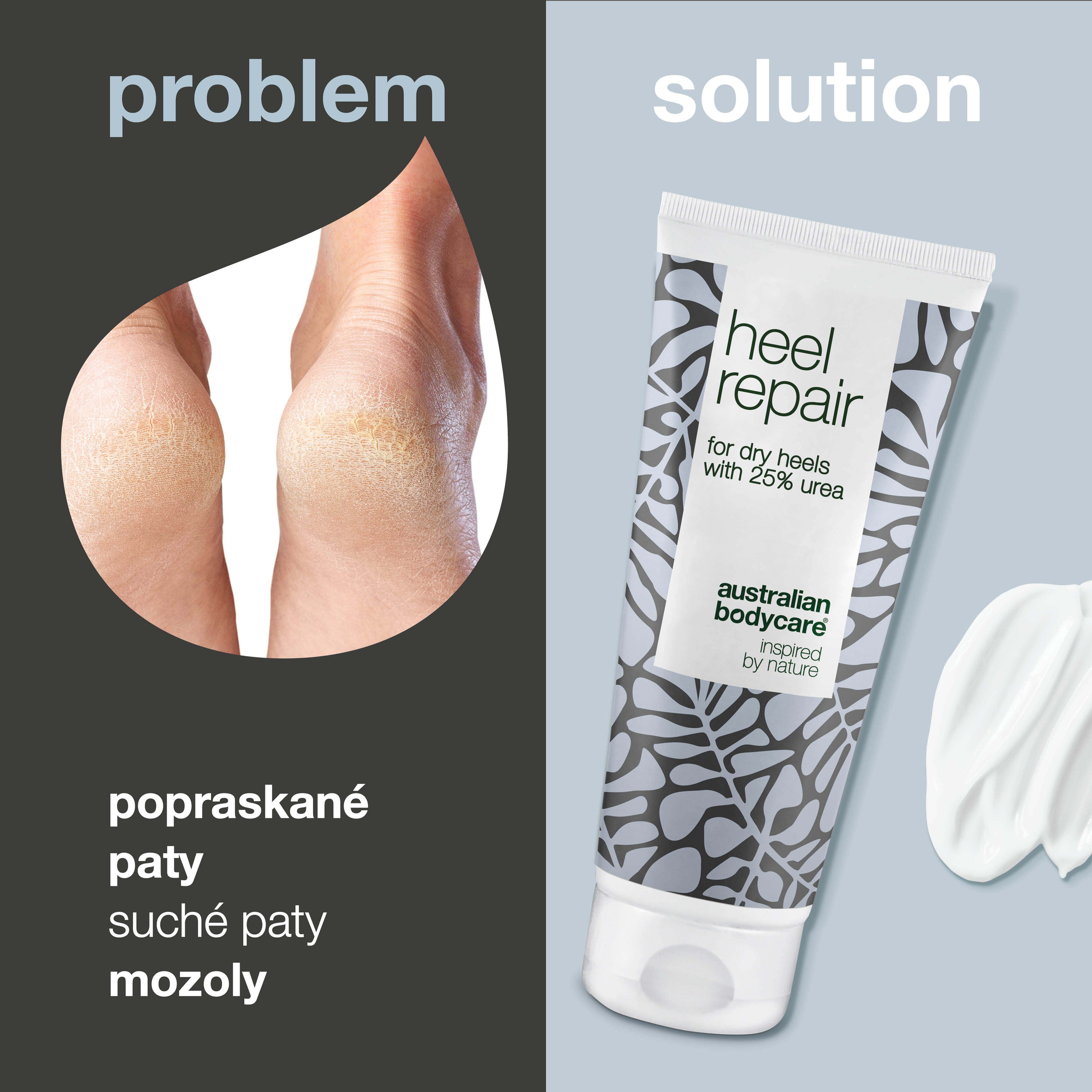 Krem do suchych, popękanych pięt: Pokonaj popękane pięty i suche stopy dzięki naszemu kremowi do naprawy pięt. Zawiera 25% mocznika i naturalny 4-terpineol, znany z olejku z drzewa herbacianego.