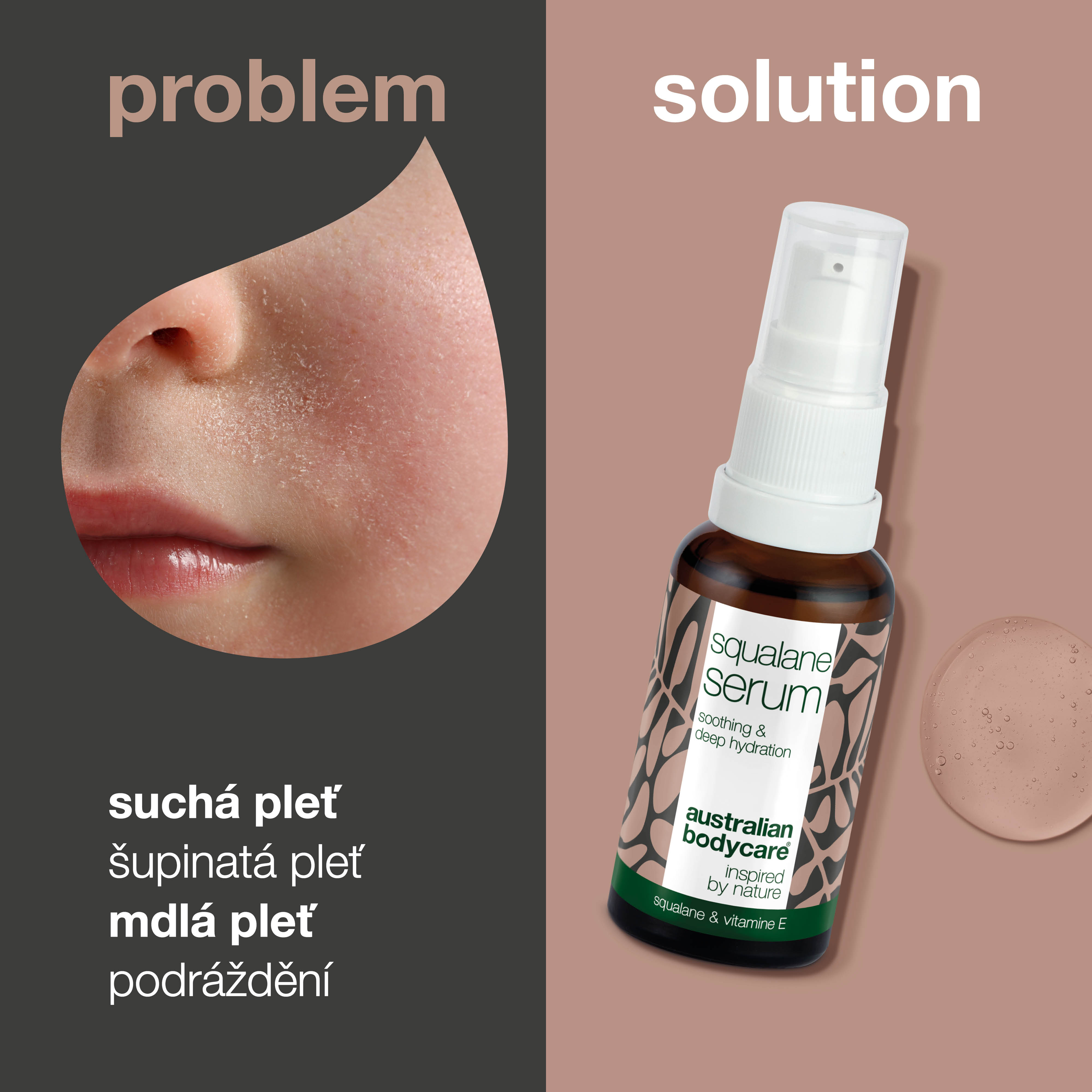 Serum nawilżające ze skwalanem i witaminą E do skóry suchej — Intensywne serum nawilżające ze skwalanem, witaminą E i olejkiem z drzewa herbacianego do skóry bardzo suchej