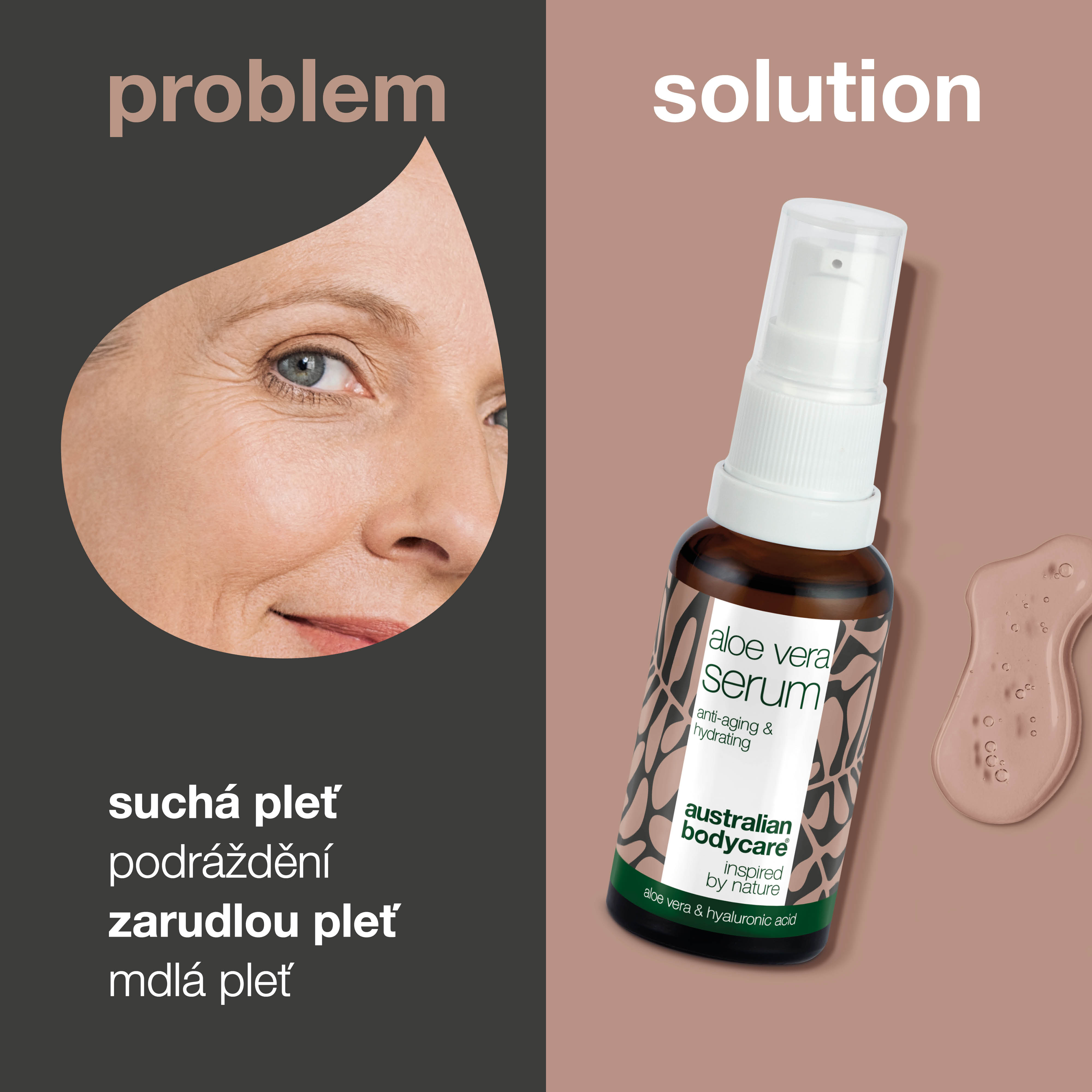 Aloesowe serum przeciwstarzeniowe i nawilżające z witaminami C, E, F — Nawilżające serum z aloesem, olejkiem z drzewa herbacianego i kwasem hialuronowym do skóry suchej i starzejącej się