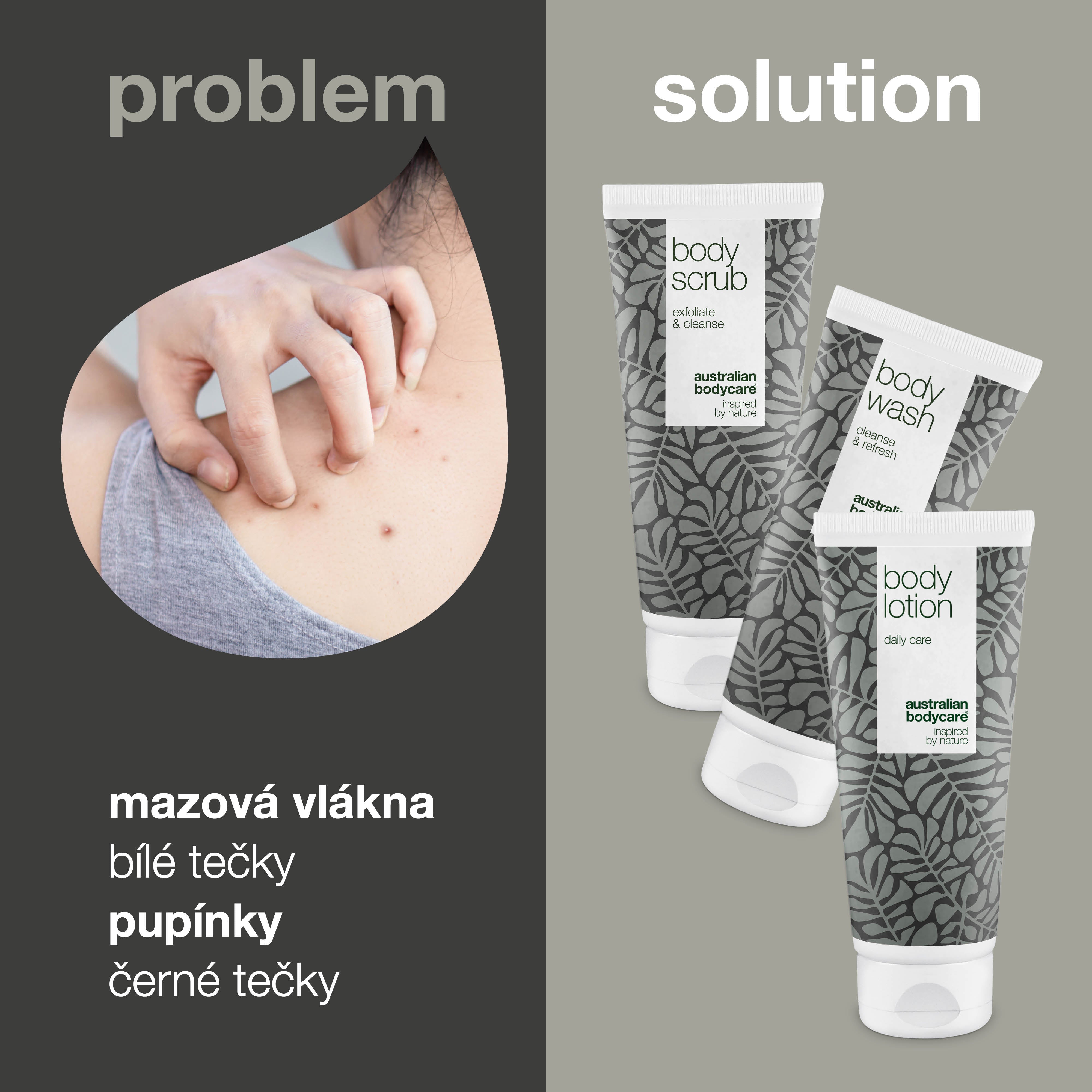 Tělová sada na pupínky, černé tečky, akné na zádech a na hýždích — 3 produkty s přírodním Tea Tree olejem