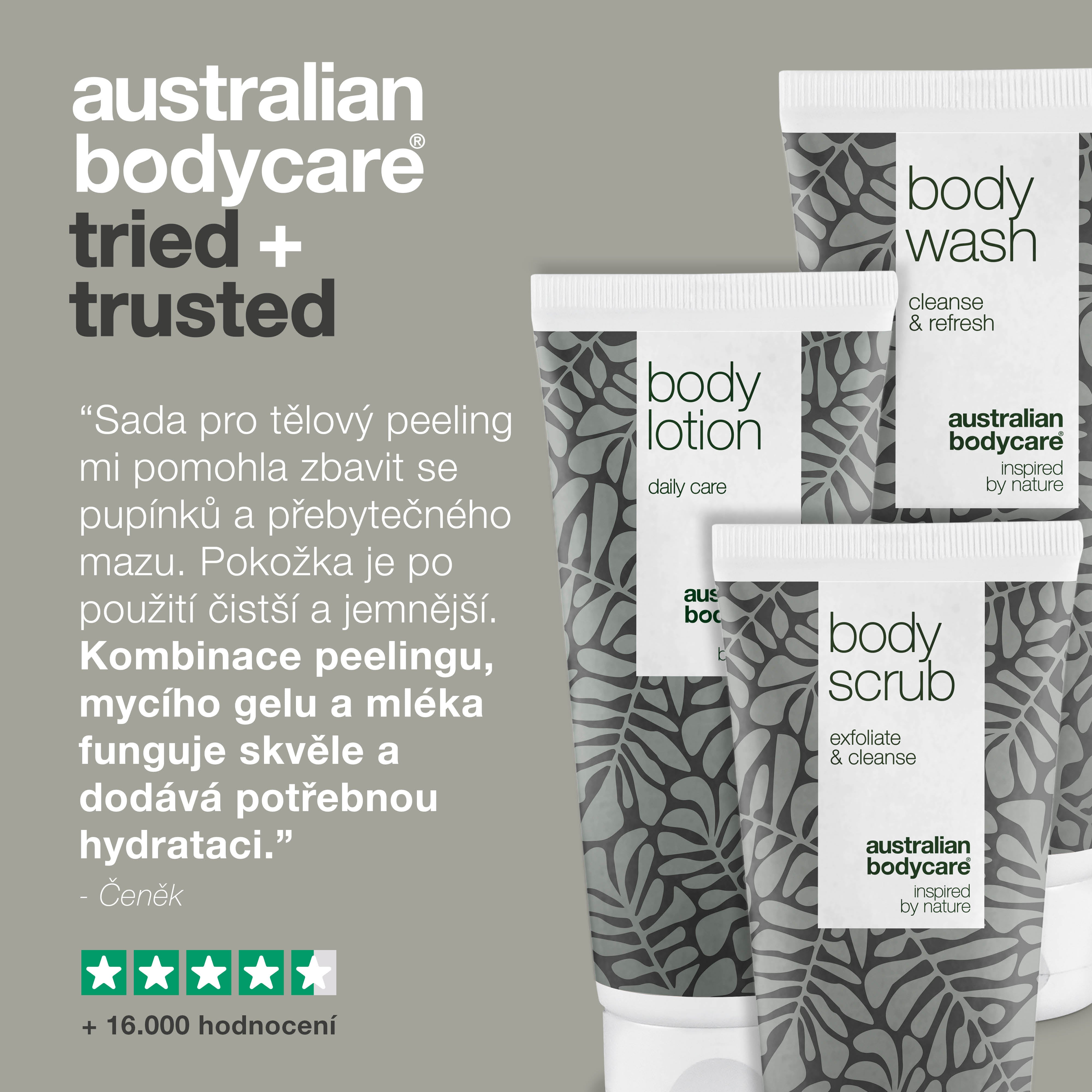 Tělová sada na pupínky, černé tečky, akné na zádech a na hýždích — 3 produkty s přírodním Tea Tree olejem
