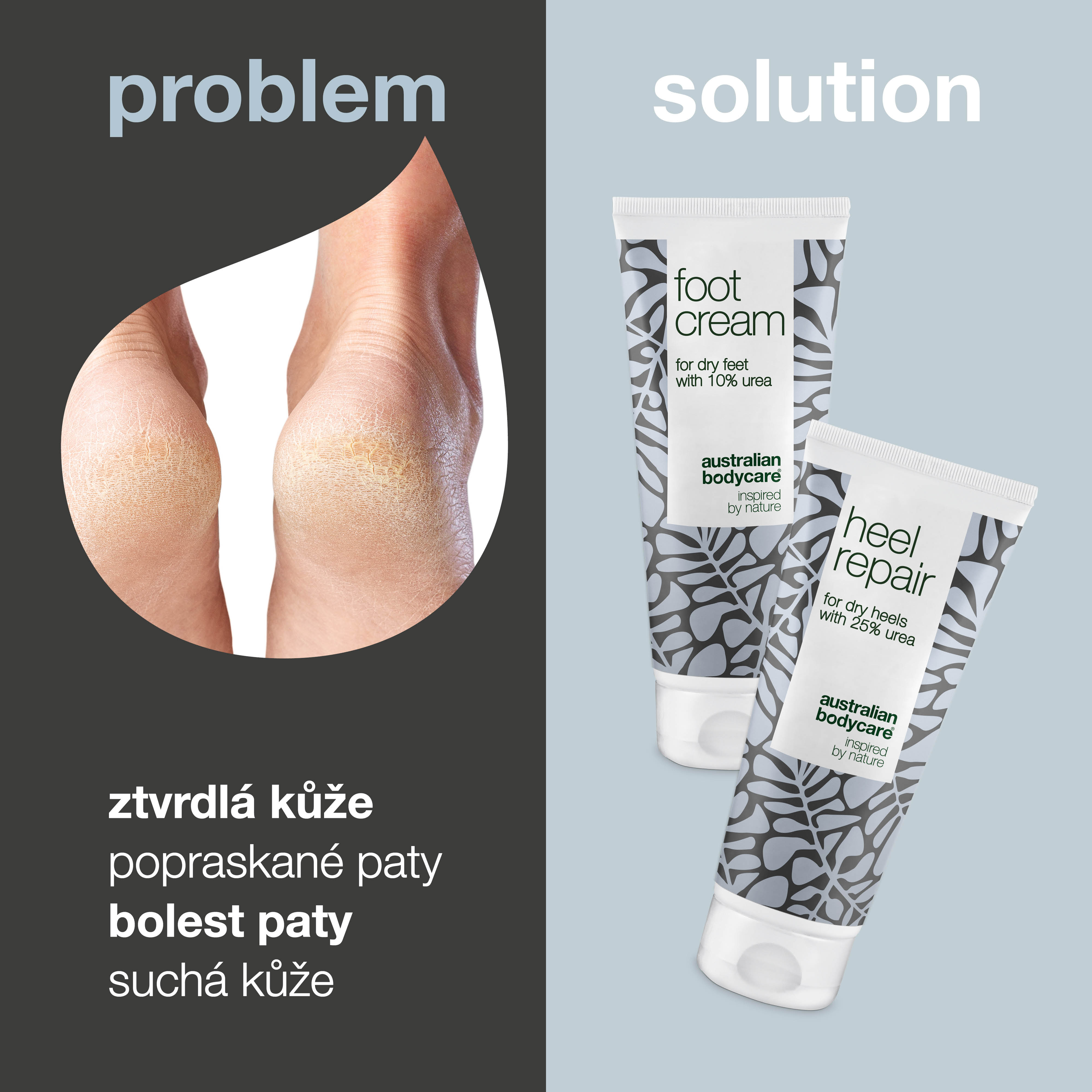 2 produkty do twardej skóry stóp i pięt: krem ​​do stóp i krem ​​do pięt z mocznikiem i olejkiem z drzewa herbacianego do twardej skóry stóp i pękających pięt