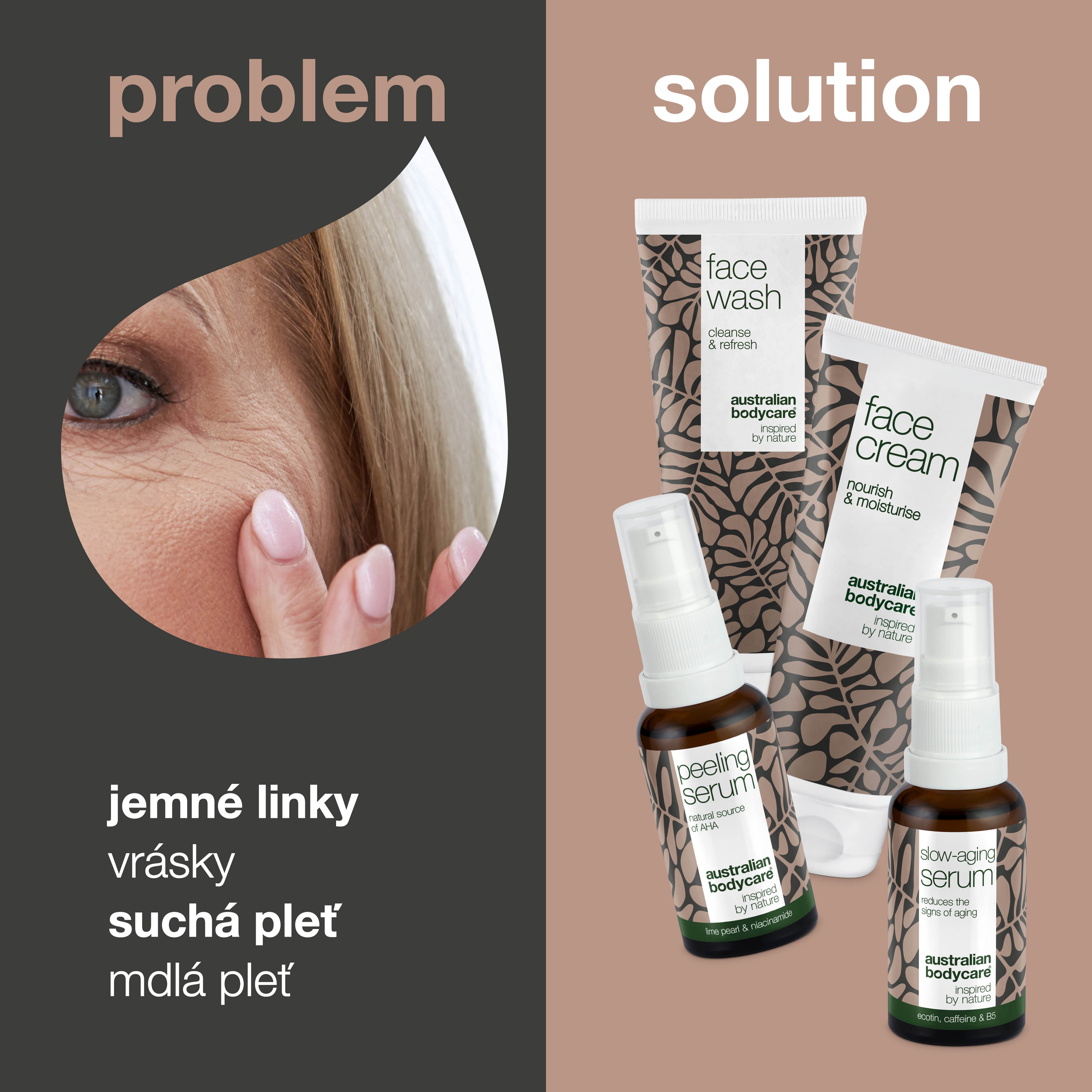 Zestaw 4 produktów przeciwstarzeniowych dla skóry dojrzałej (50+) — Serum przeciwstarzeniowe, Serum peelingujące, Płyn oczyszczający i krem ​​przeciwzmarszczkowy do twarzy