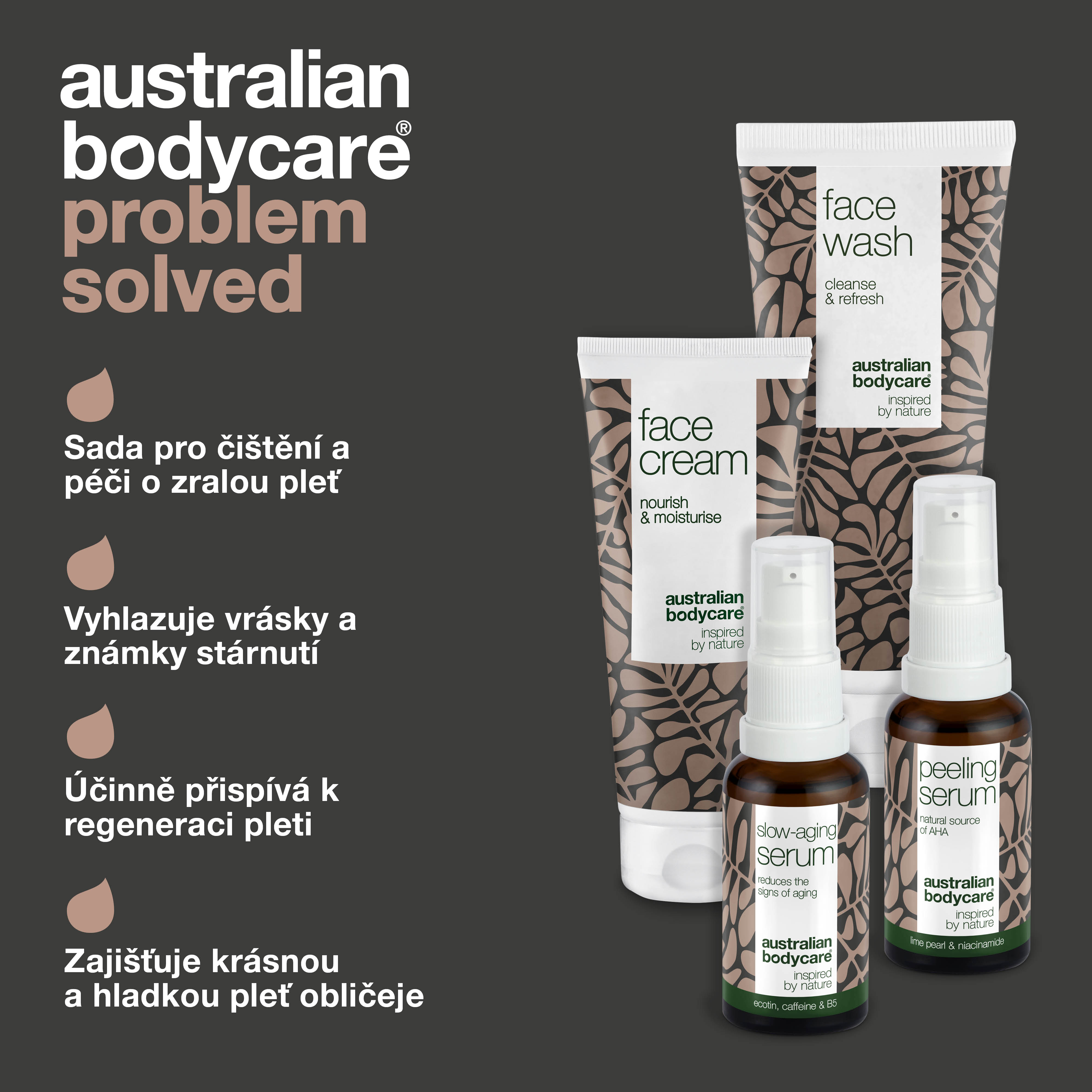 Zestaw 4 produktów przeciwstarzeniowych dla skóry dojrzałej (50+) — Serum przeciwstarzeniowe, Serum peelingujące, Płyn oczyszczający i krem ​​przeciwzmarszczkowy do twarzy