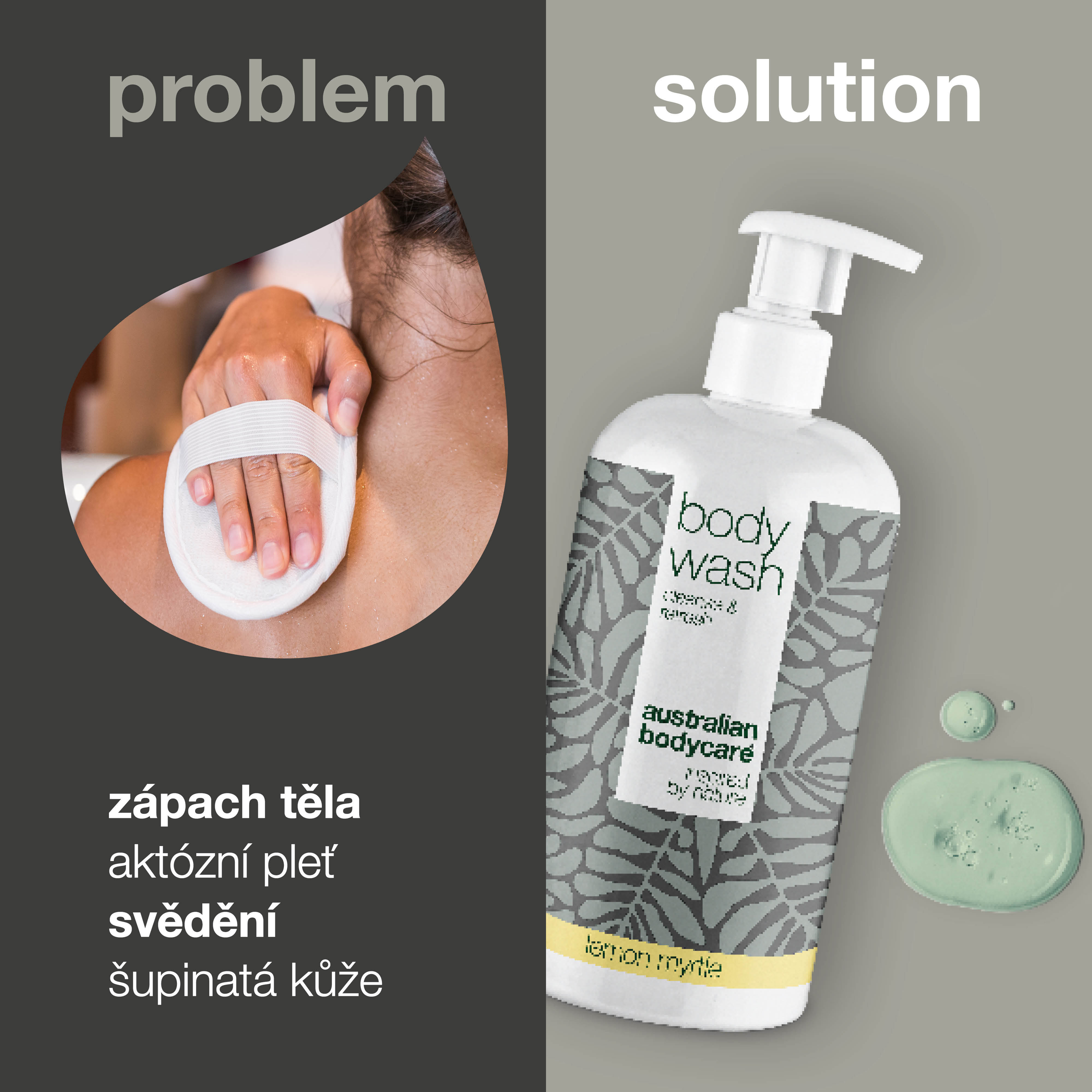 Problém a řešení: zápach těla, aknózní pleť, svědění a šupinatá kůže. Vlevo detail zad, na která se nanáší mycí gel, vpravo pumpička Body Wash Lemon Myrtle od Australian Bodycare.