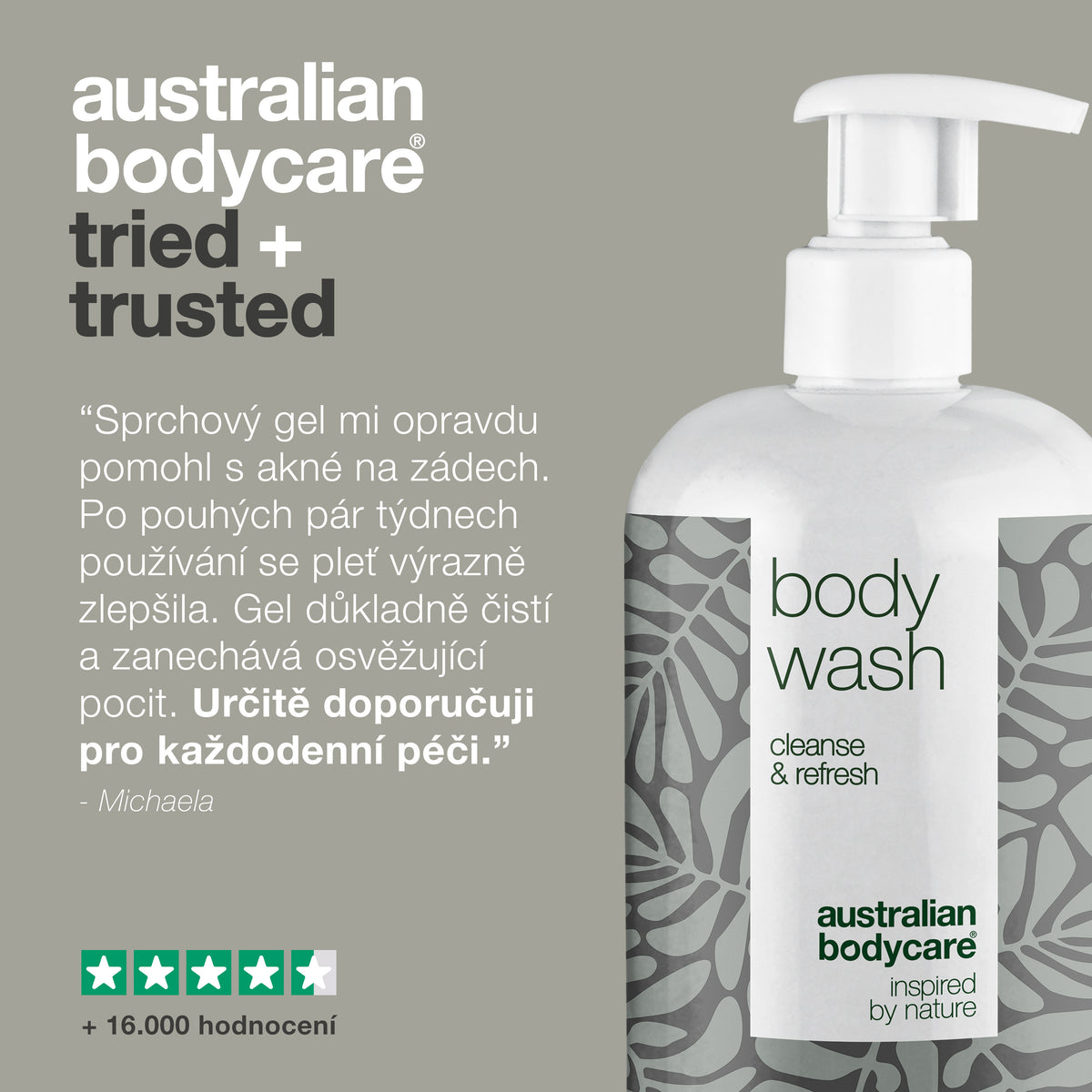 Zákaznická recenze Body Wash: »Sprchový gel mi opravdu pomohl s akné na zádech. Po pouhých pár týdnech používání se pleť výrazně zlepšila. Gel důkladně čistí a zanechává osvěžující pocit. Určitě doporučuji pro každodenní péči.« – Michaela. 4,5 z 5 hvězdiček na Trustpilotu s více než 16 000 hodnoceními.