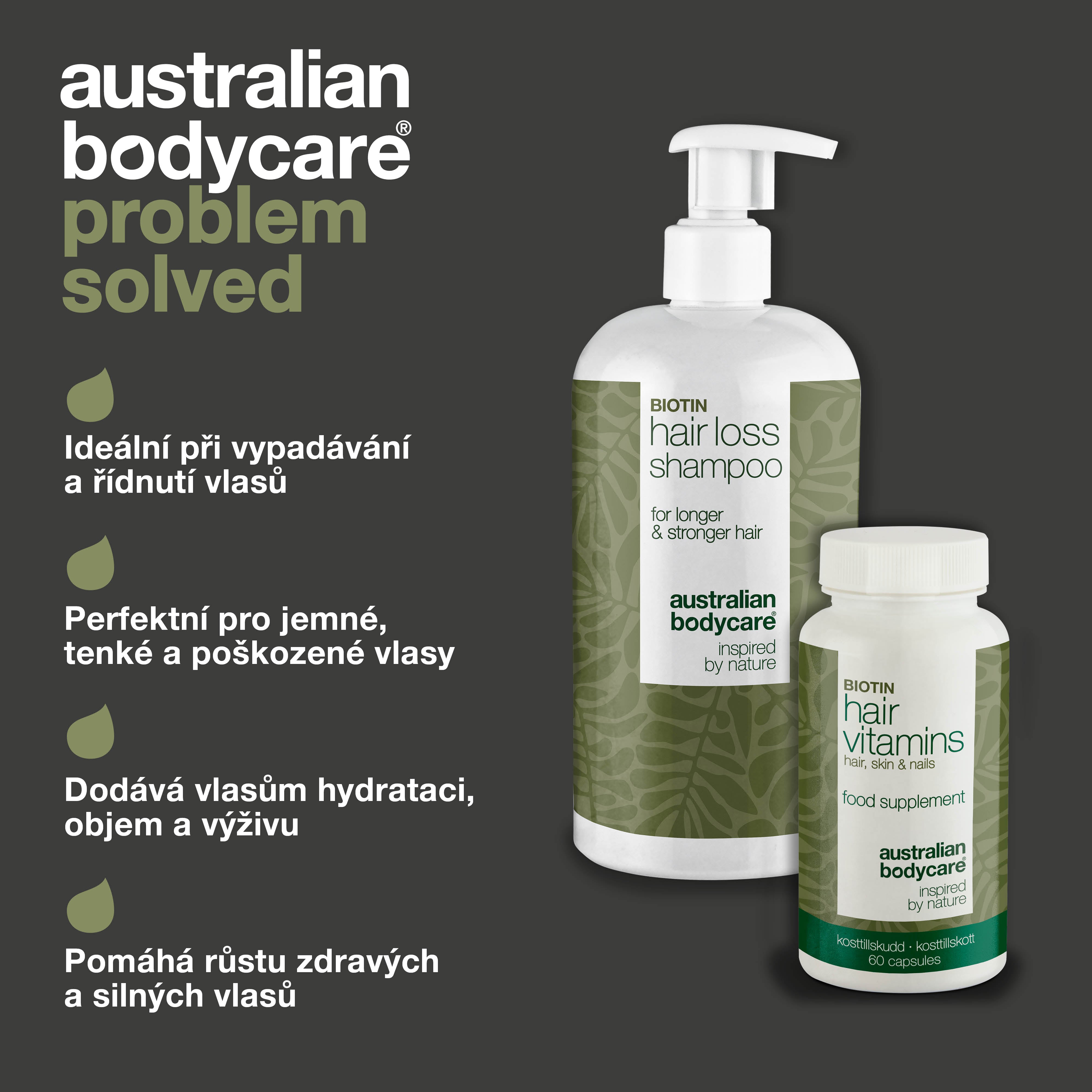 Šampon proti vypadávání vlasů a vitamíny pro podporu růstu vlasů — Produkty na posílení tenkých a poškozených vlasů