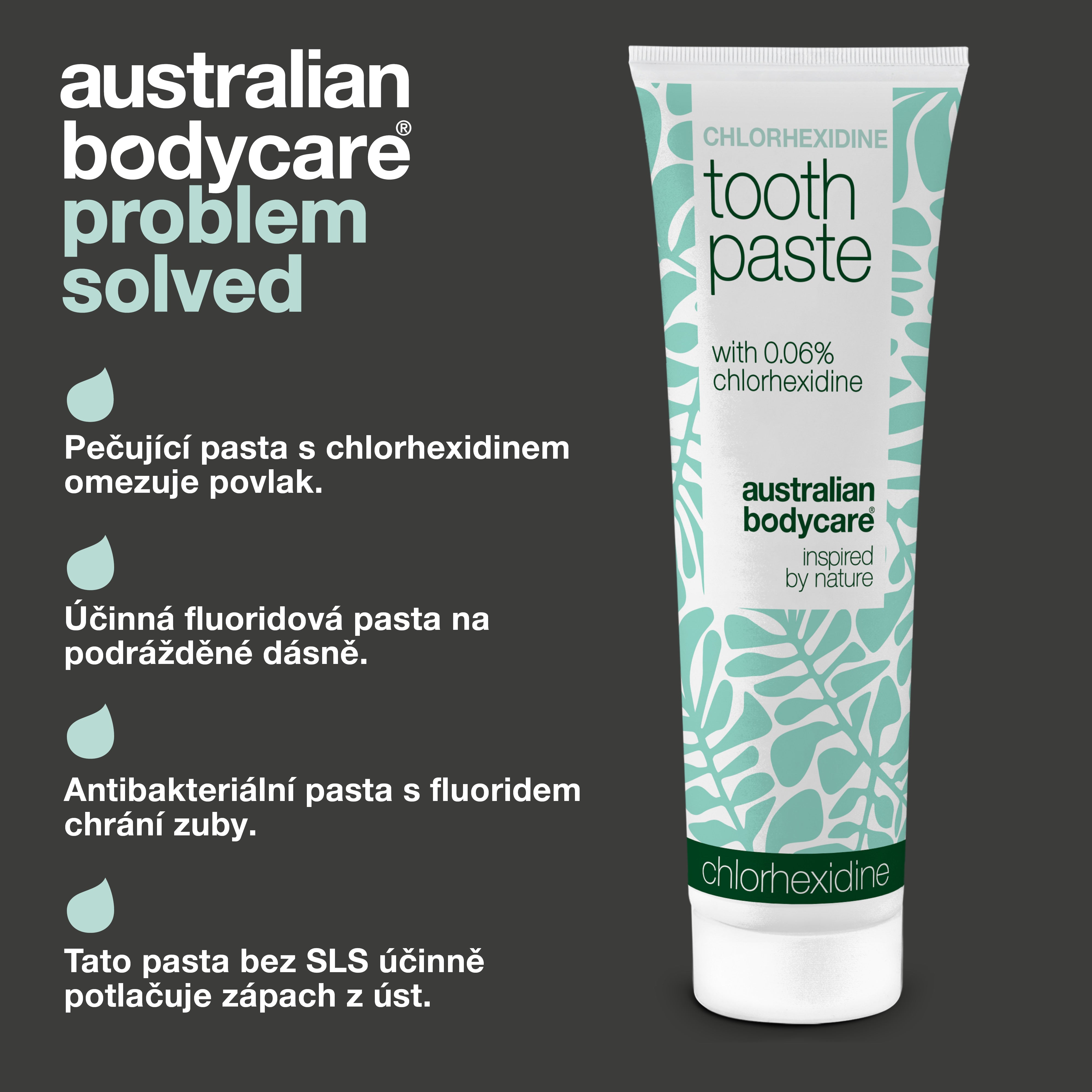 Zubní pasta s chlorhexidinem Australian Bodycare se čtyřmi uvedenými přínosy: působí proti zubnímu plaku, denně pečuje o podrážděné dásně, chrání fluoridem před zubním kazem a působí proti bakteriím a zápachu z úst bez SLS.