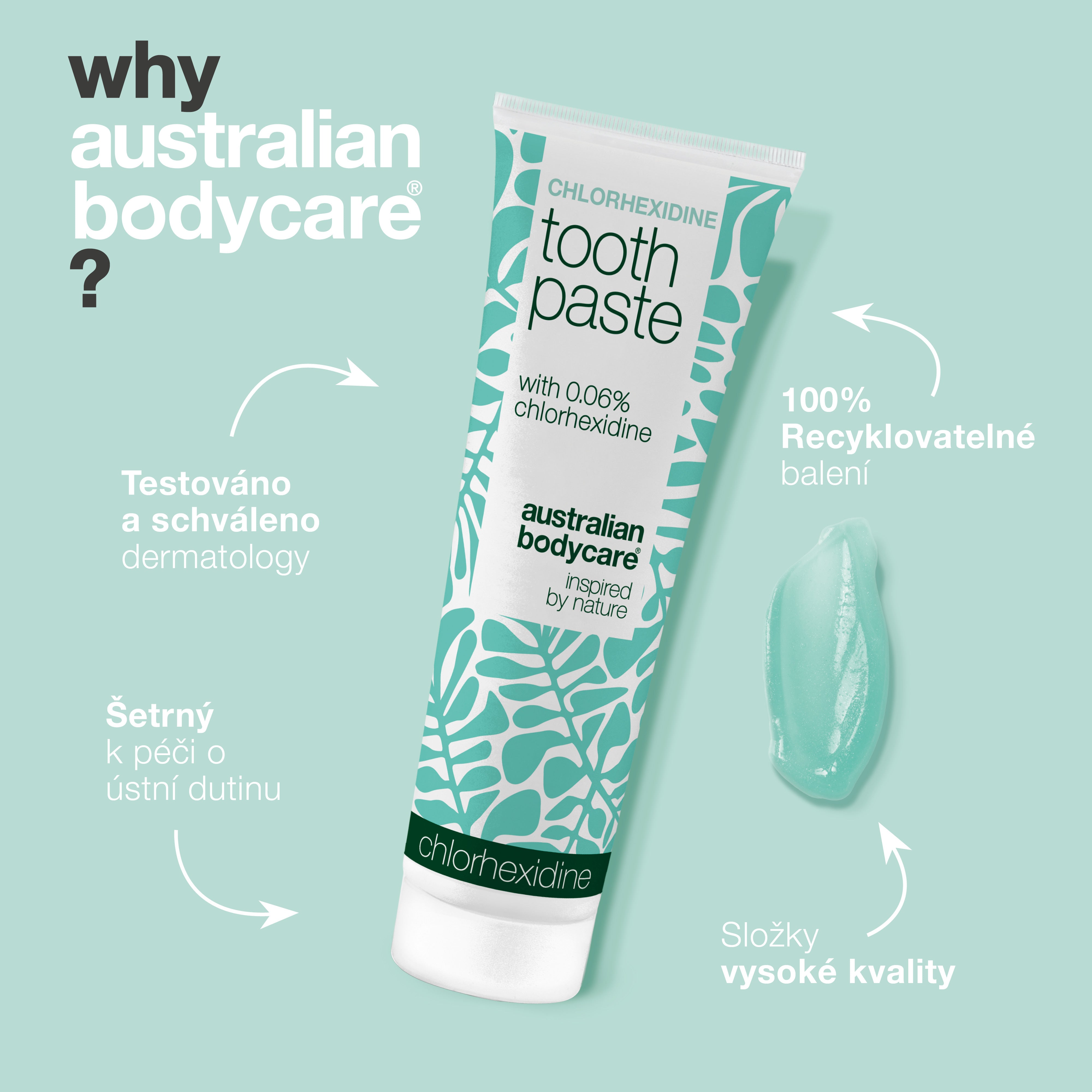 Zubní pasta s chlorhexidinem Australian Bodycare představená jako dermatologicky testovaná a schválená, šetrná k ústní hygieně, ve 100% recyklovatelném obalu a se složkami vysoké kvality.