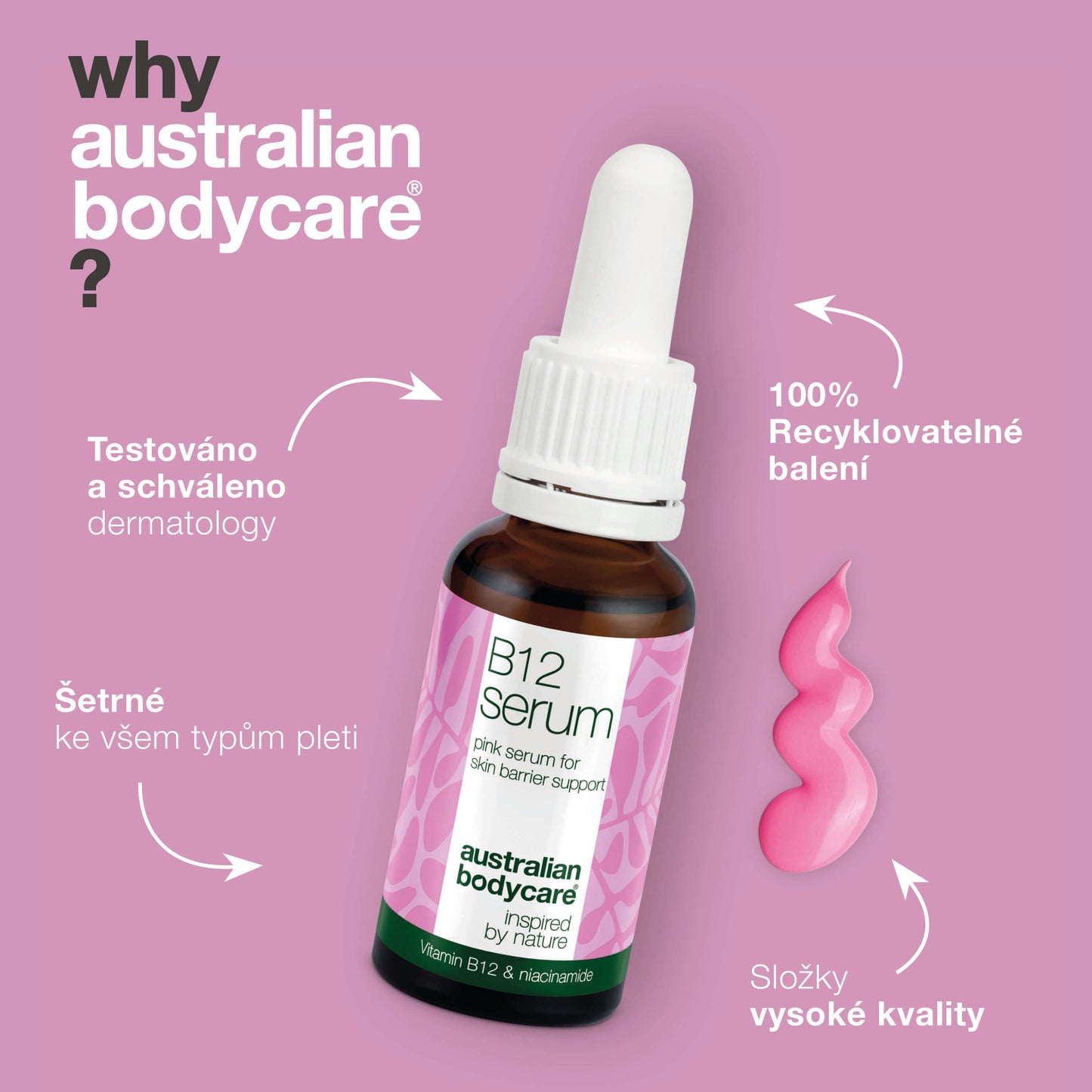 B12 Pink Sérum – Snižte zarudnutí a posilte kožní bariéru — B12 Pink Sérum snižuje zarudnutí a posiluje kožní bariéru. Ideální pro suchou a citlivou pleť. Zažijte zdravou a zářivou pokožku s přírodními ingrediencemi.