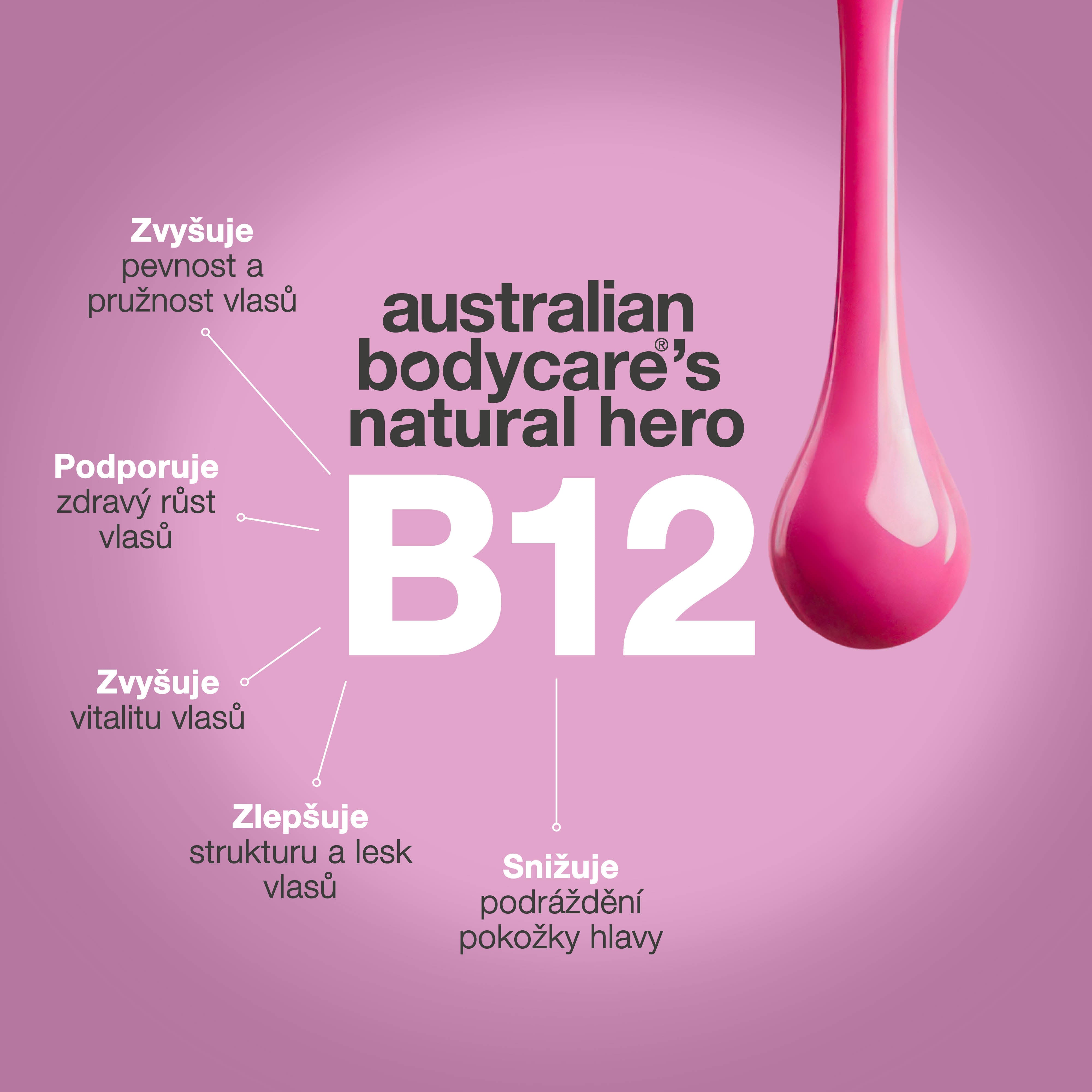 Vitamin B12 od Australian Bodycare zlepšuje sílu a pružnost vlasů, podporuje zdravý růst a dodává lesk