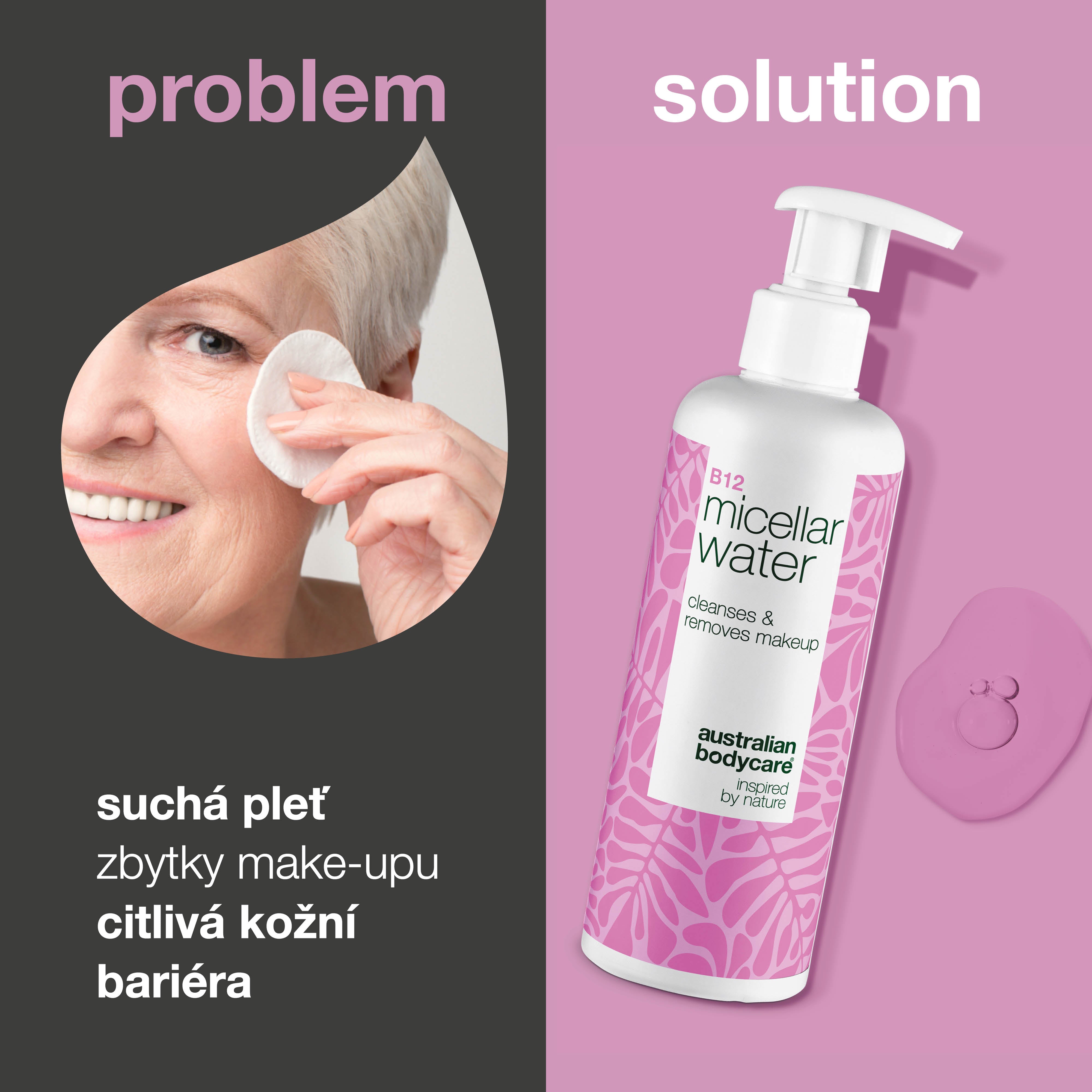 Micelární voda – Odstraňuje make-up a zklidňuje zarudnutí — Micelární voda zklidňuje podráždění a odličuje. Ideální pro reaktivní pleť. S B12, niacinamidem, glycerinem a propandiolem.