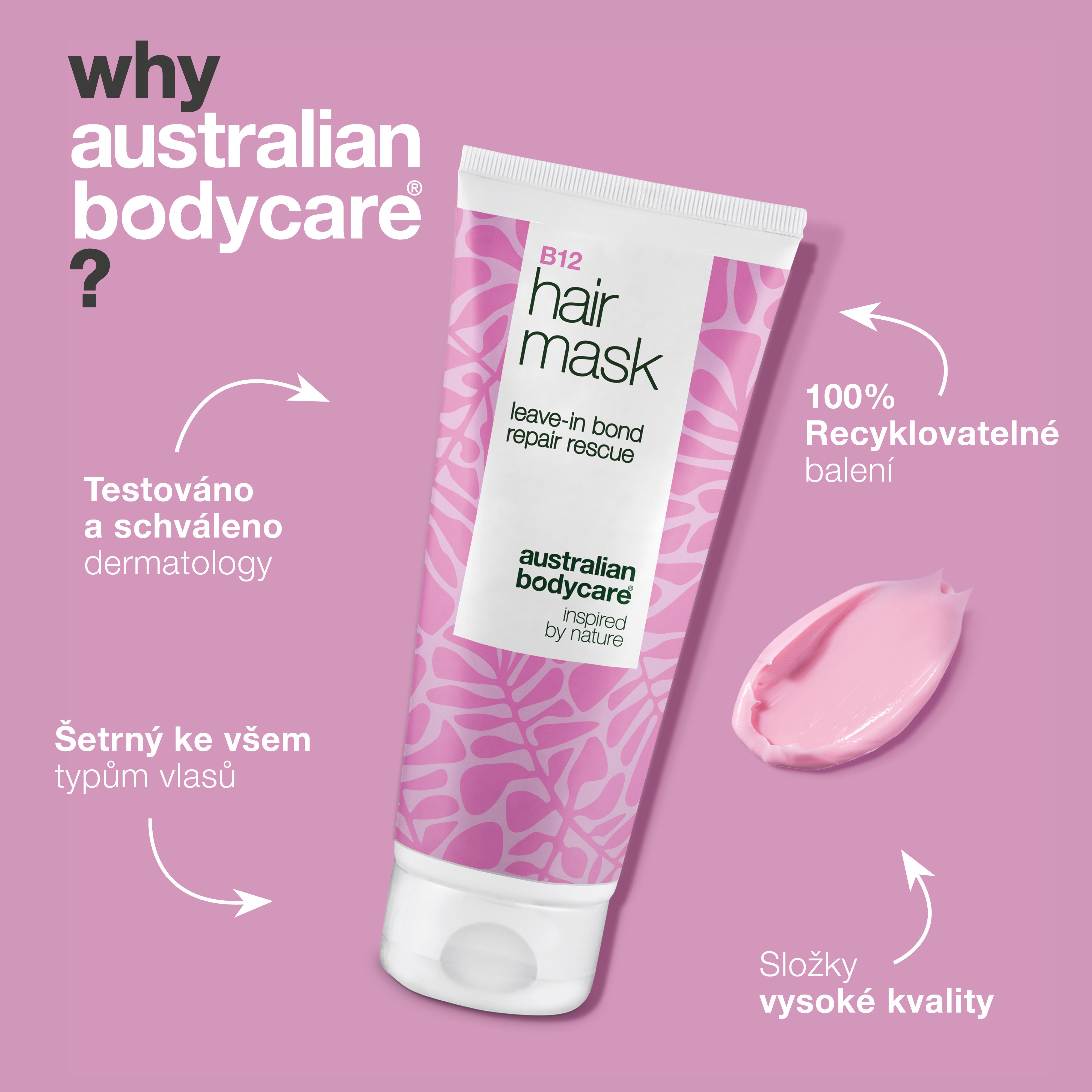 B12 Maska na vlasy je dermatologicky testovaná, šetrná ke všem typům vlasů a obal je 100% recyklovatelný