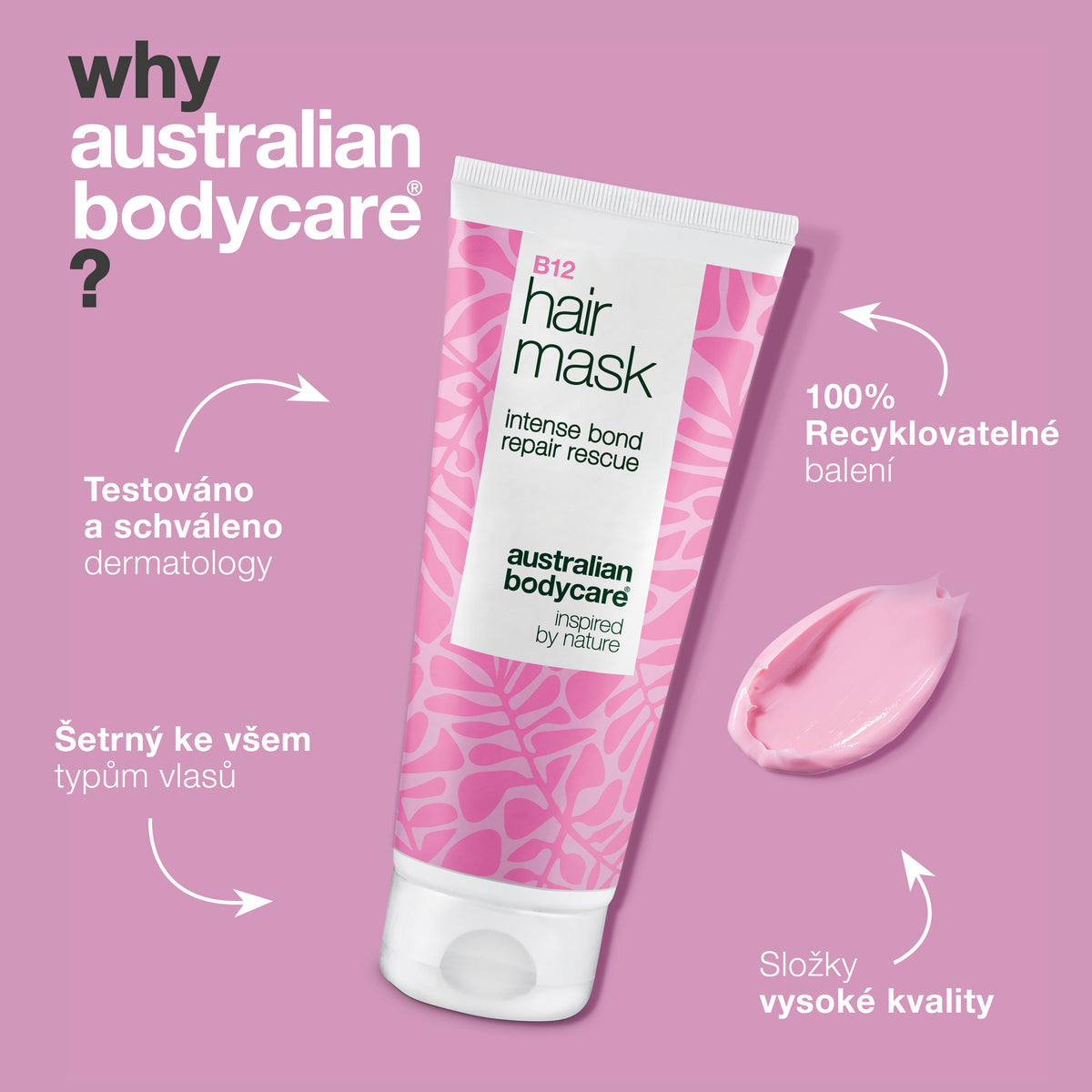 B12 Maska na vlasy je dermatologicky testovaná, šetrná ke všem typům vlasů a obal je 100% recyklovatelný