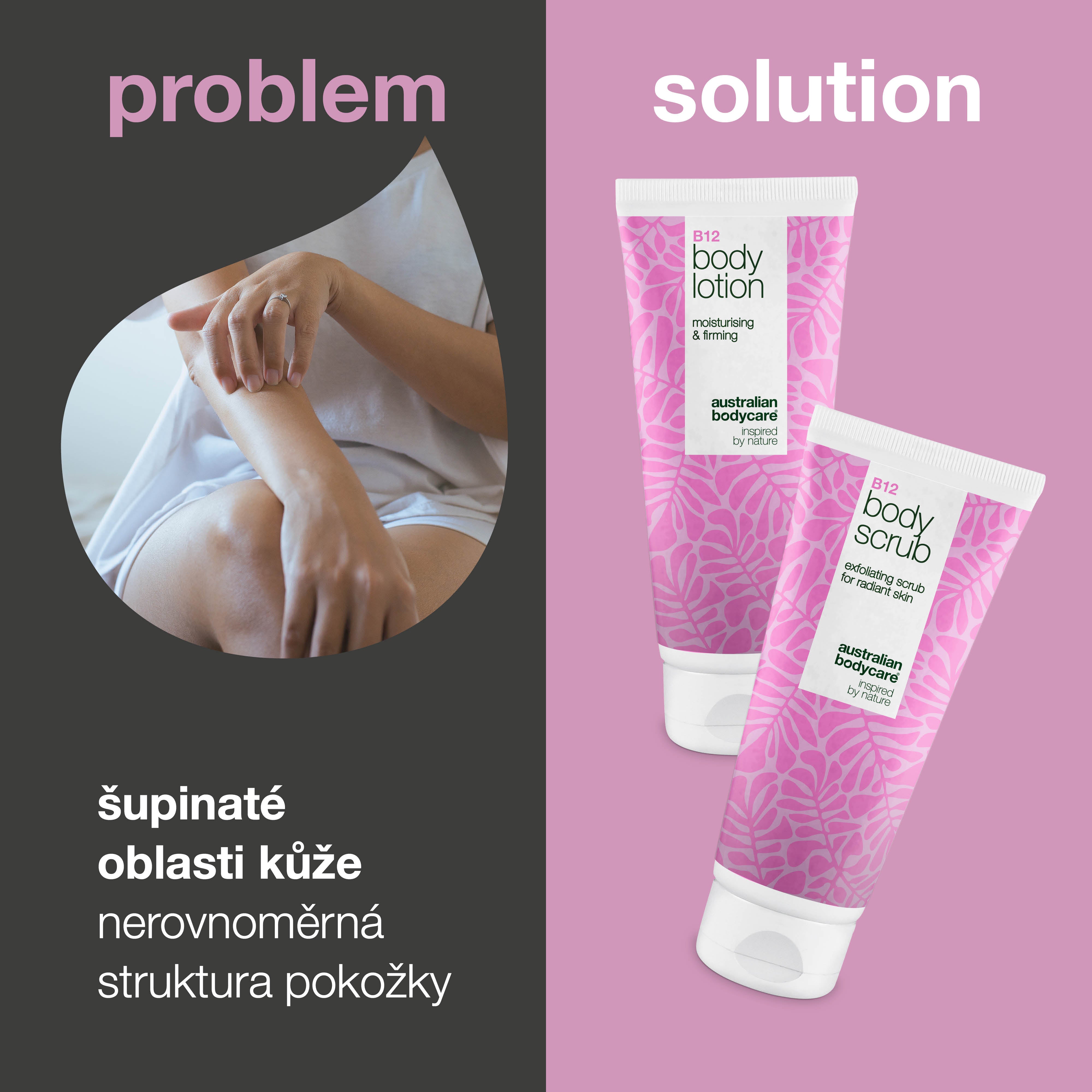 B12 sada pro péči o suchou pleť – Exfoliace & hloubková hydratace — Hydratační tělový peeling & mléko B12 pro suchou a citlivou pokožku.