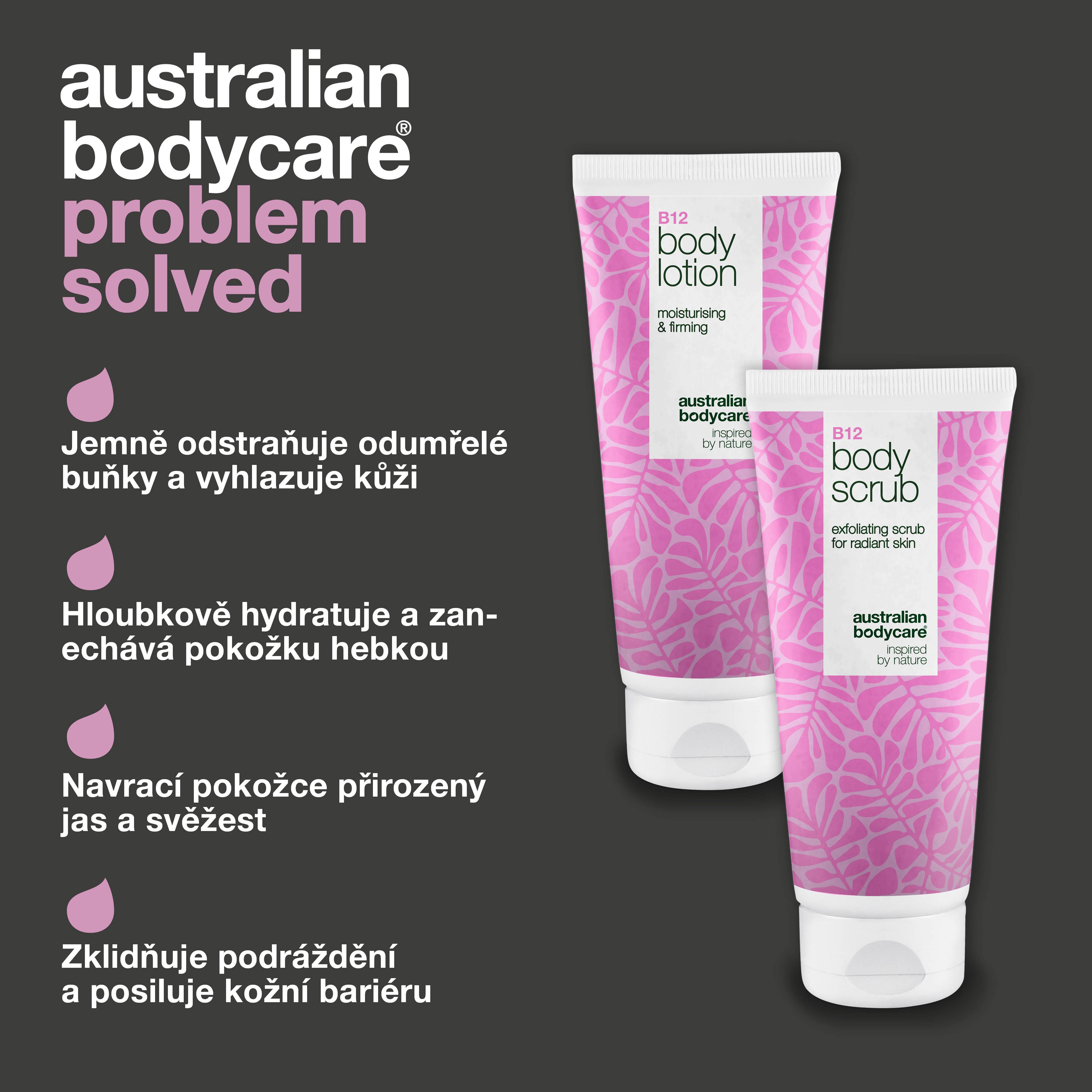 B12 sada pro péči o suchou pleť – Exfoliace & hloubková hydratace — Hydratační tělový peeling & mléko B12 pro suchou a citlivou pokožku.