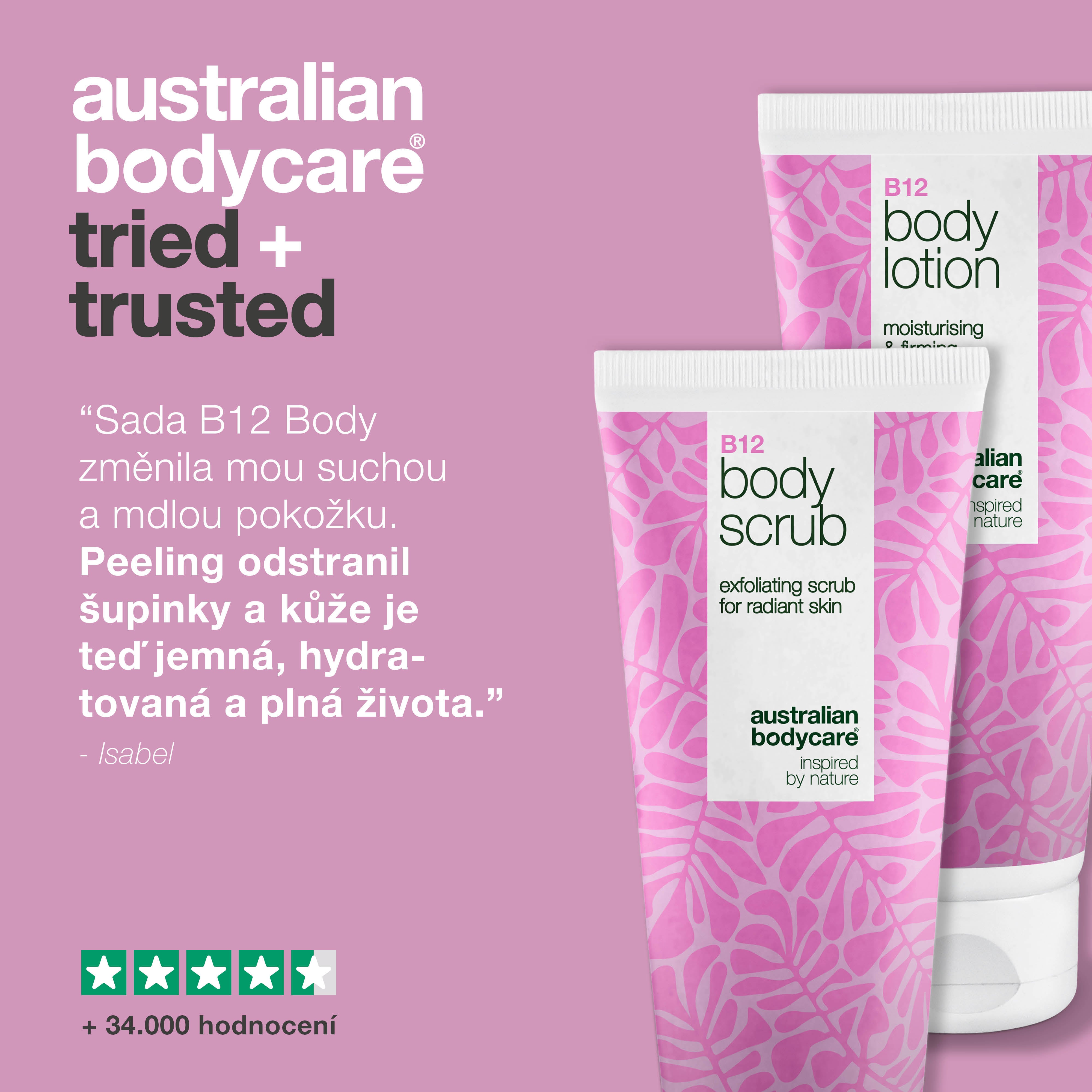 B12 sada pro péči o suchou pleť – Exfoliace & hloubková hydratace — Hydratační tělový peeling & mléko B12 pro suchou a citlivou pokožku.