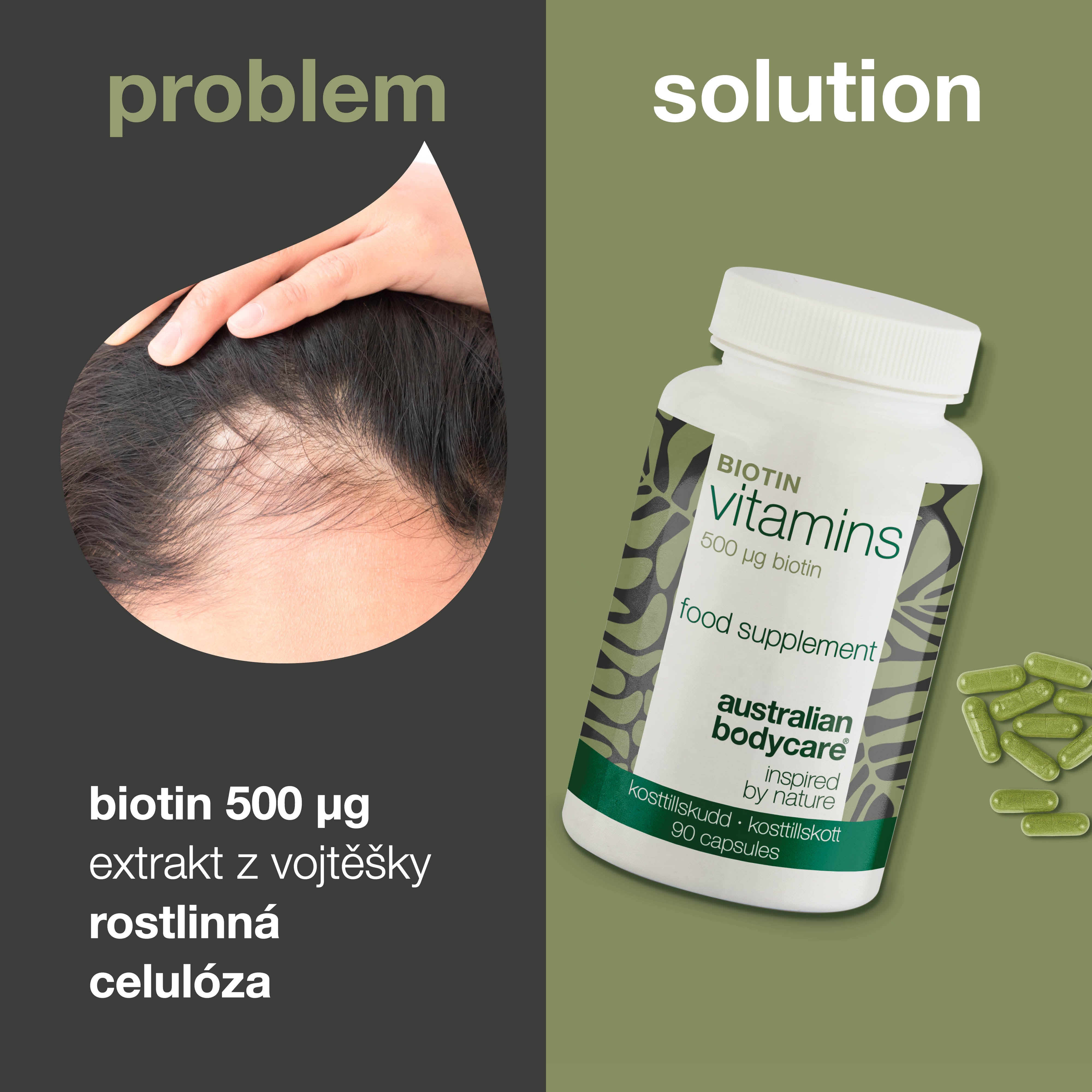 Doplněk stravy Biotin 500 µg – vitamín B7 – 90 ks — Doplněk s biotinem 500 µg – podporuje vlasy, pokožku a sliznice. Klíčové složky: biotin, Medicago sativa a celulóza.