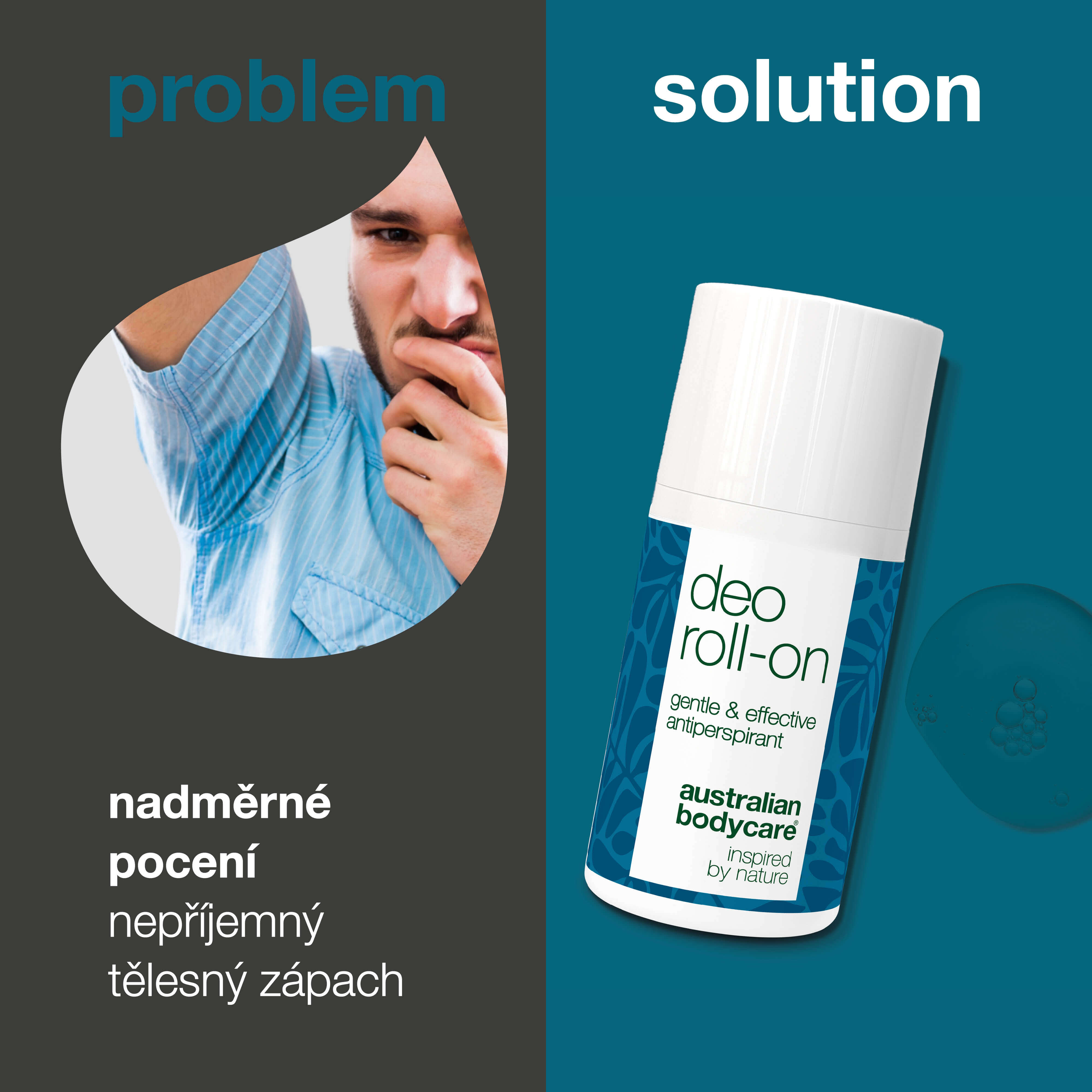 Kuličkový deodorant pro každodenní ochranu před pocením, zápachem, skvrnami a podrážděním. S 4-terpineolem, glycerinem, kyselinou mléčnou a vitamínem E.