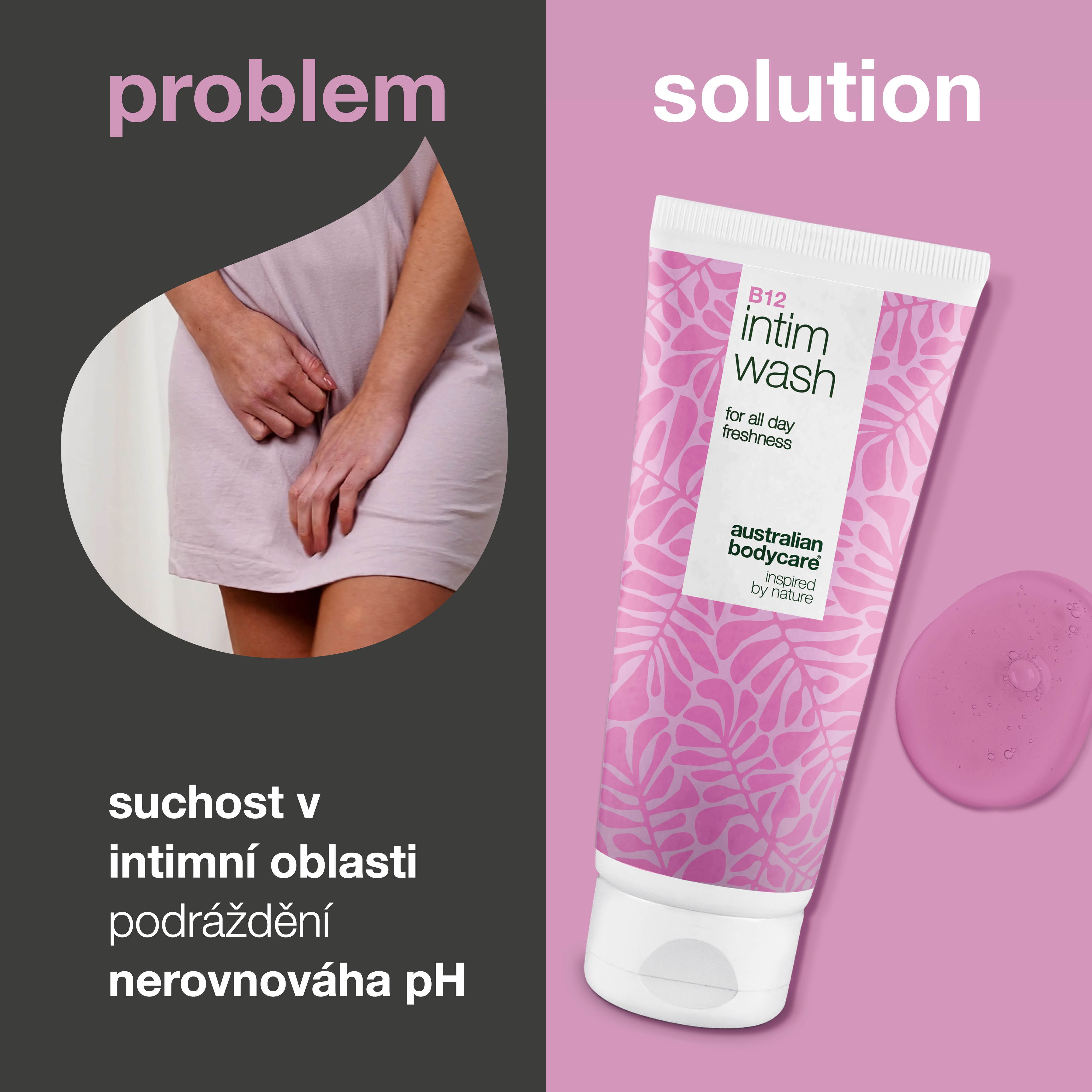 Intimní gel proti suchosti, podráždění a diskomfortu. S vitamínem B12, hydratačním glycerinem a jemnými rostlinnými čisticími složkami.