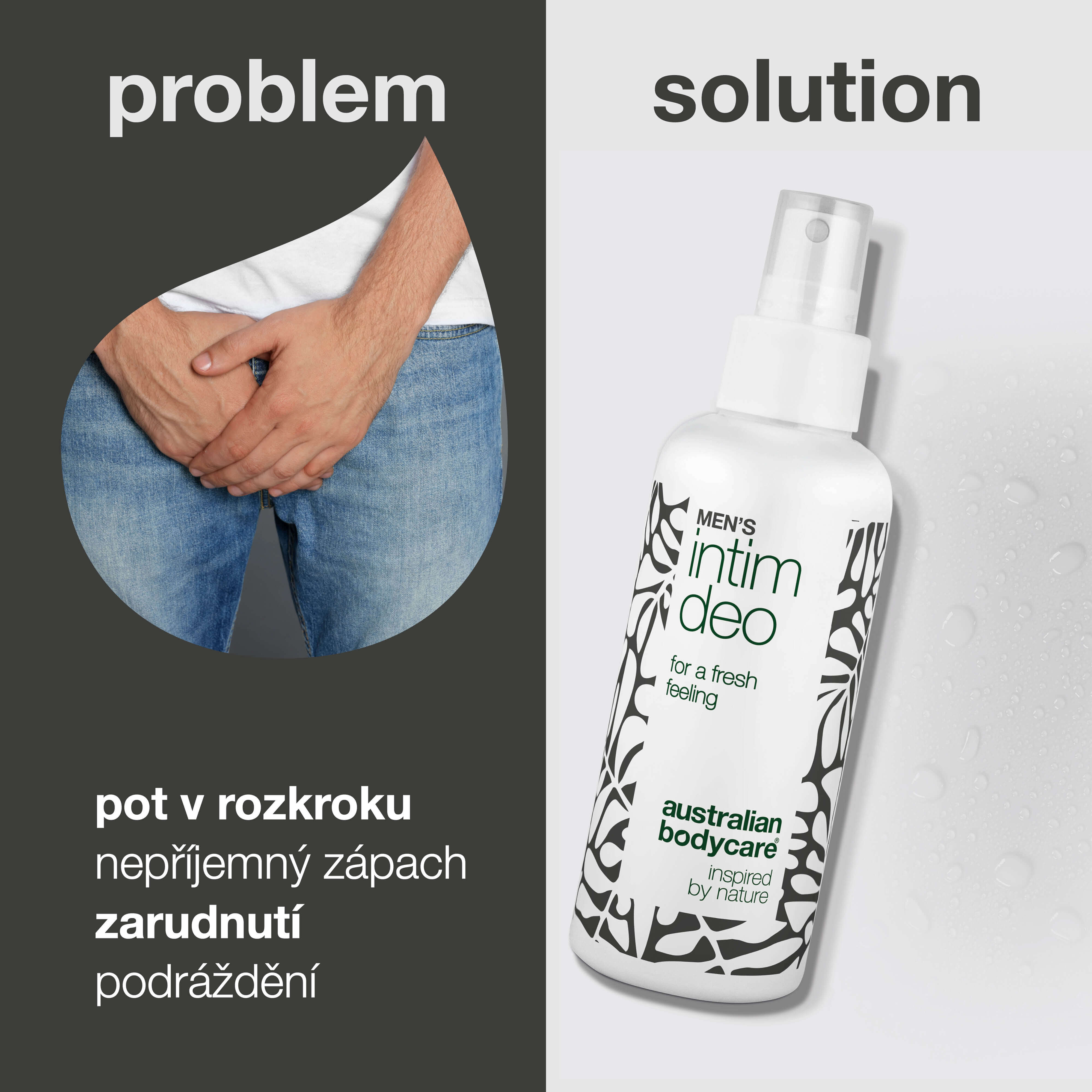 Intimní deodorant pro muže proti potu, zápachu a svědění — Intimní deodorant pro muže řeší pot, zápach a podráždění v oblasti třísel. Každodenní svěžest a pohodlí.