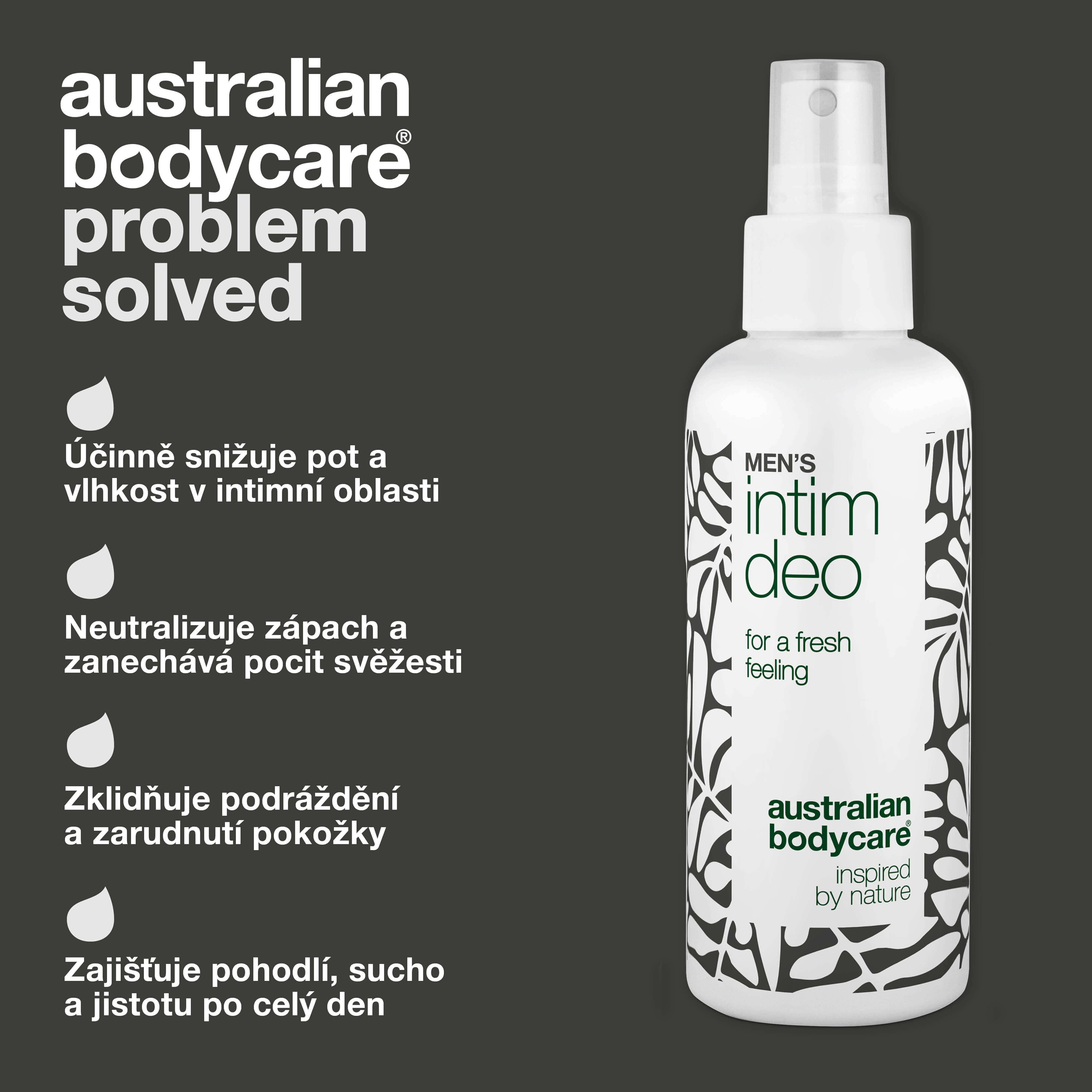 Intimní deodorant pro muže proti potu, zápachu a svědění — Intimní deodorant pro muže řeší pot, zápach a podráždění v oblasti třísel. Každodenní svěžest a pohodlí.