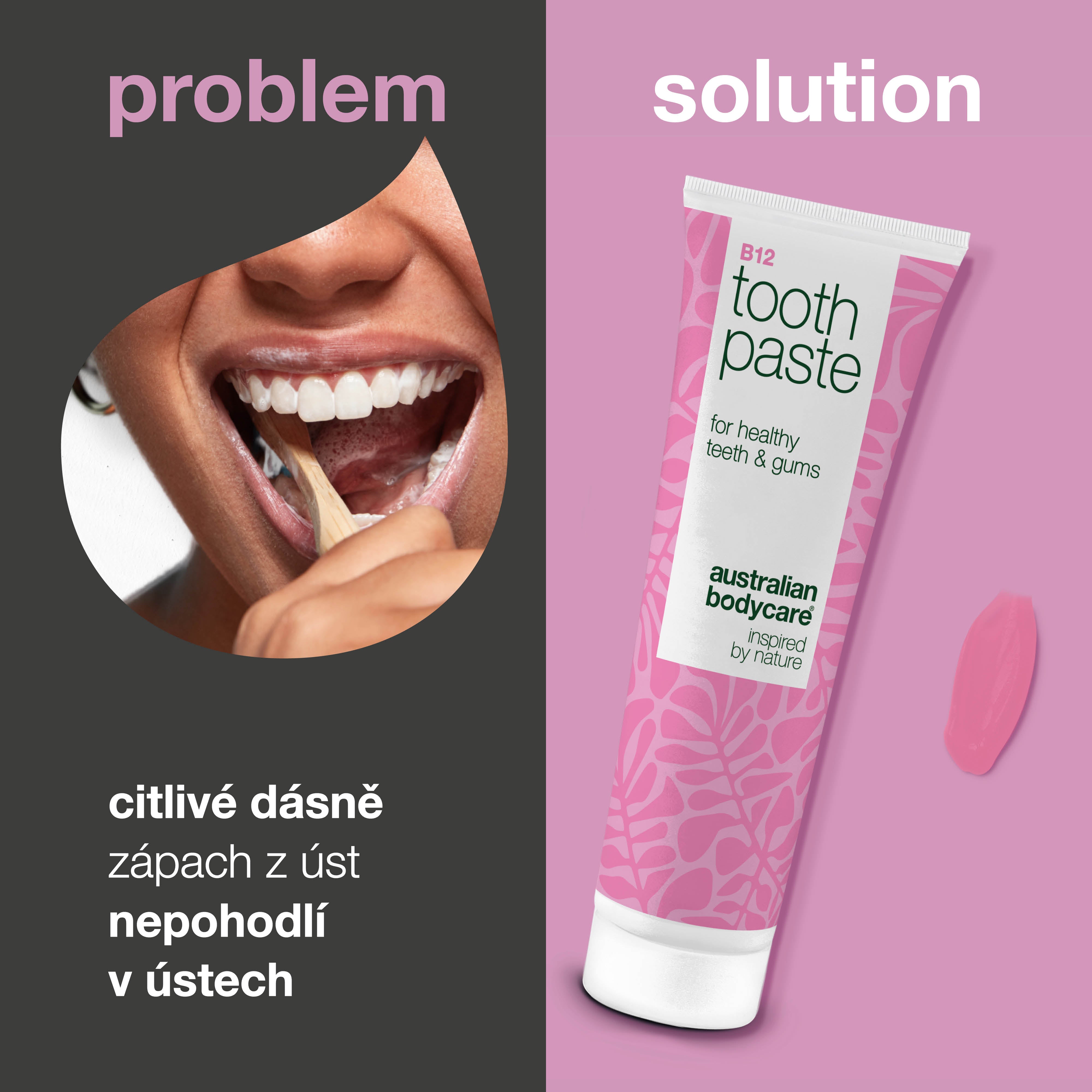 Zubní pasta s vitamínem B12 zmírňuje suchost a citlivost dásní. Posiluje zuby a osvěžuje dech. S B12, fluoridem, zinkem, citronem a mátou.
