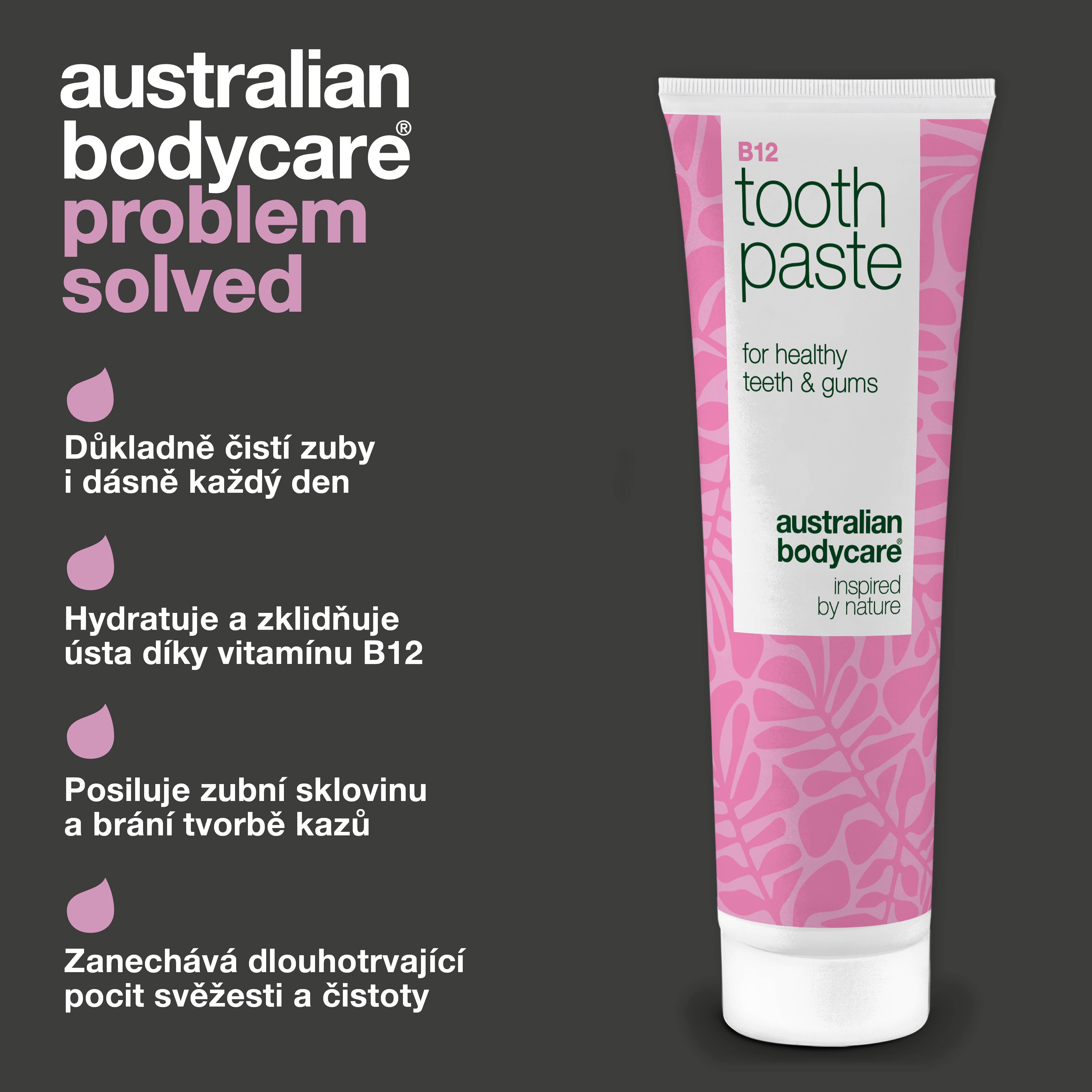 Zubní pasta s vitamínem B12 zmírňuje suchost a citlivost dásní. Posiluje zuby a osvěžuje dech. S B12, fluoridem, zinkem, citronem a mátou.