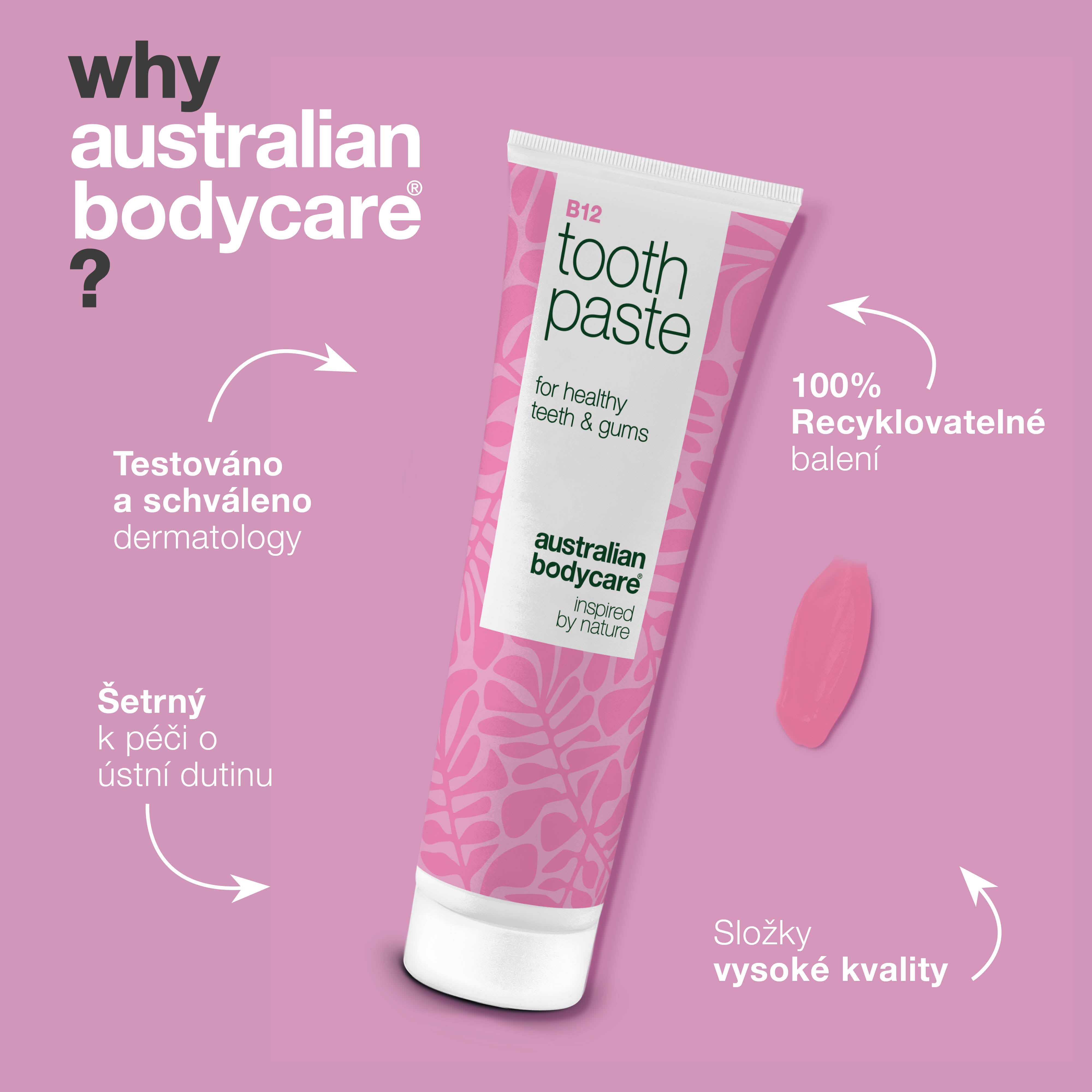 Zubní pasta s vitamínem B12 zmírňuje suchost a citlivost dásní. Posiluje zuby a osvěžuje dech. S B12, fluoridem, zinkem, citronem a mátou.