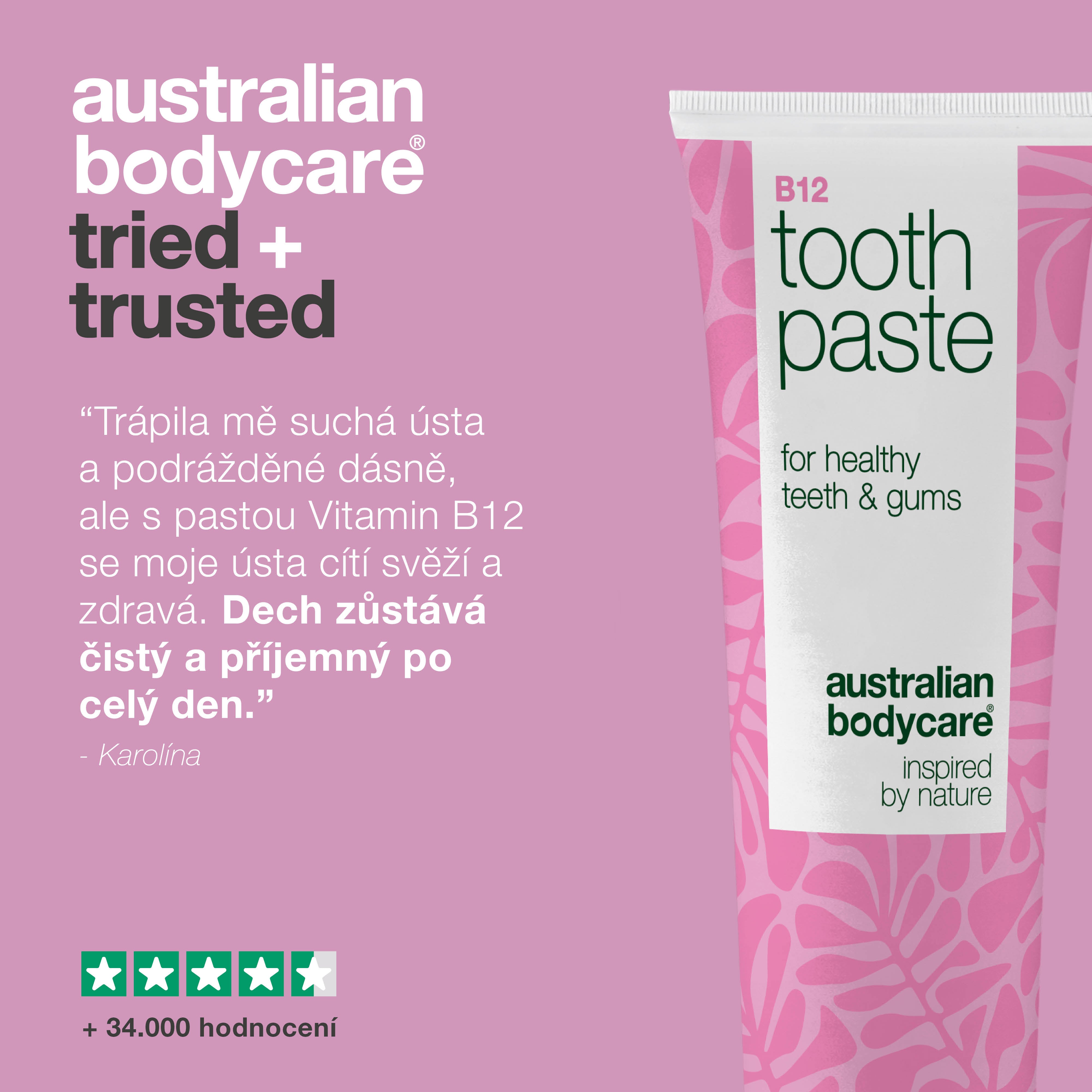 Zubní pasta s vitamínem B12 zmírňuje suchost a citlivost dásní. Posiluje zuby a osvěžuje dech. S B12, fluoridem, zinkem, citronem a mátou.