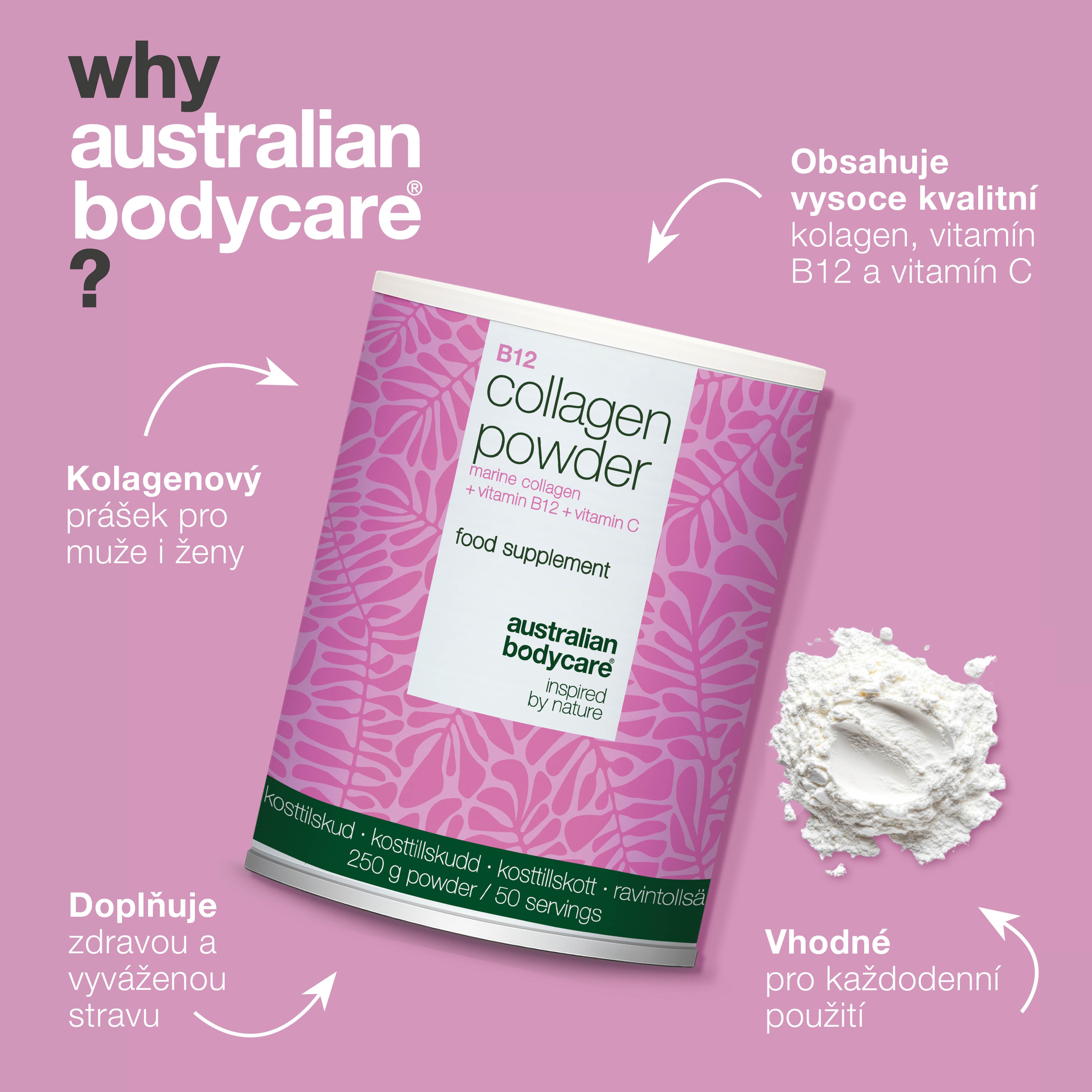 Kolagenový prášek pro každodenní použití v jídle nebo nápojích. Snadné dávkování. Obsahuje mořský kolagen, vitamín C a vitamín B12.
