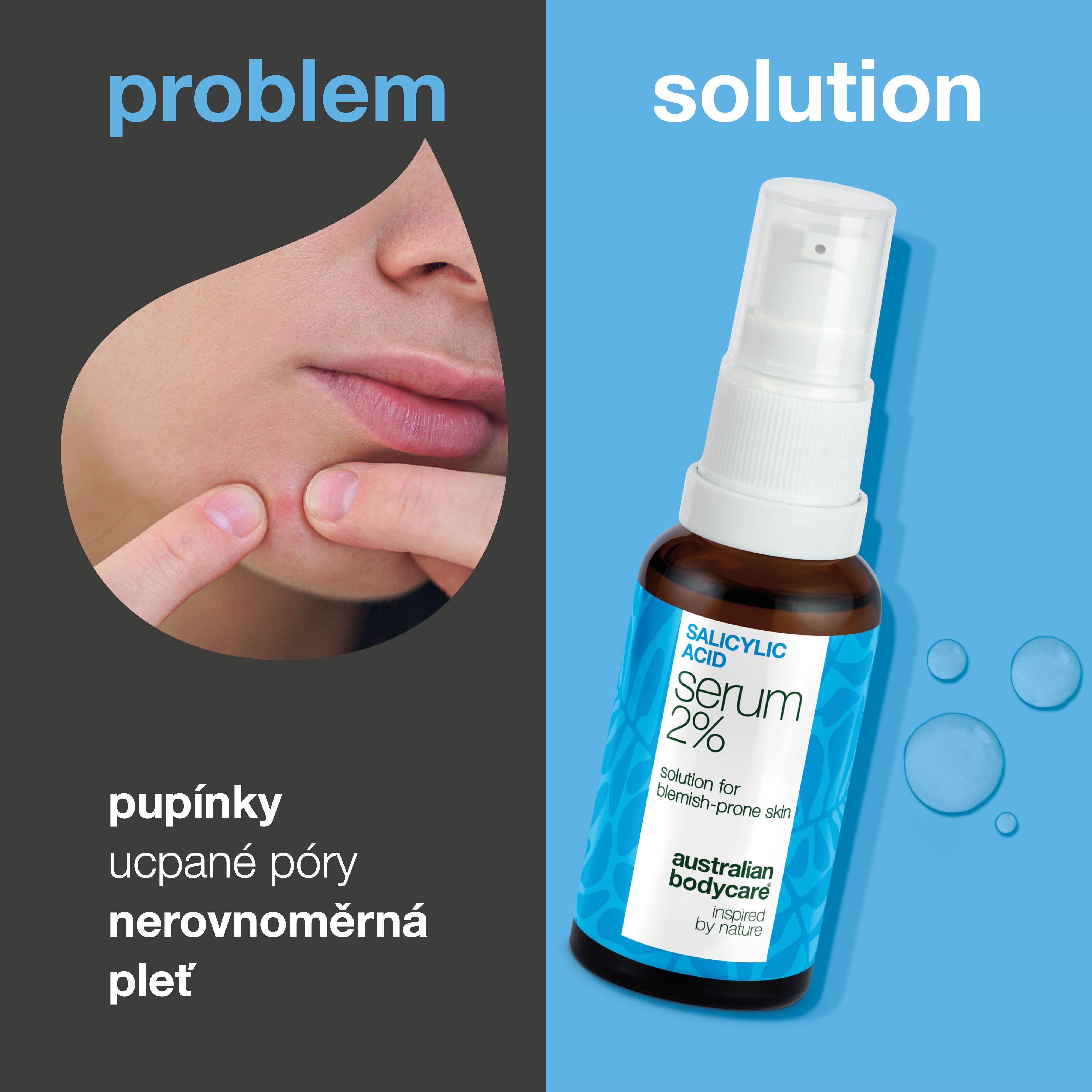 Sérum s kyselinou salicylovou 2 % na nedokonalosti pleti a póry. Aktivní složky: Zinc PCA, extrakt ze zeleného čaje, glycerin a kyselina hyaluronová.