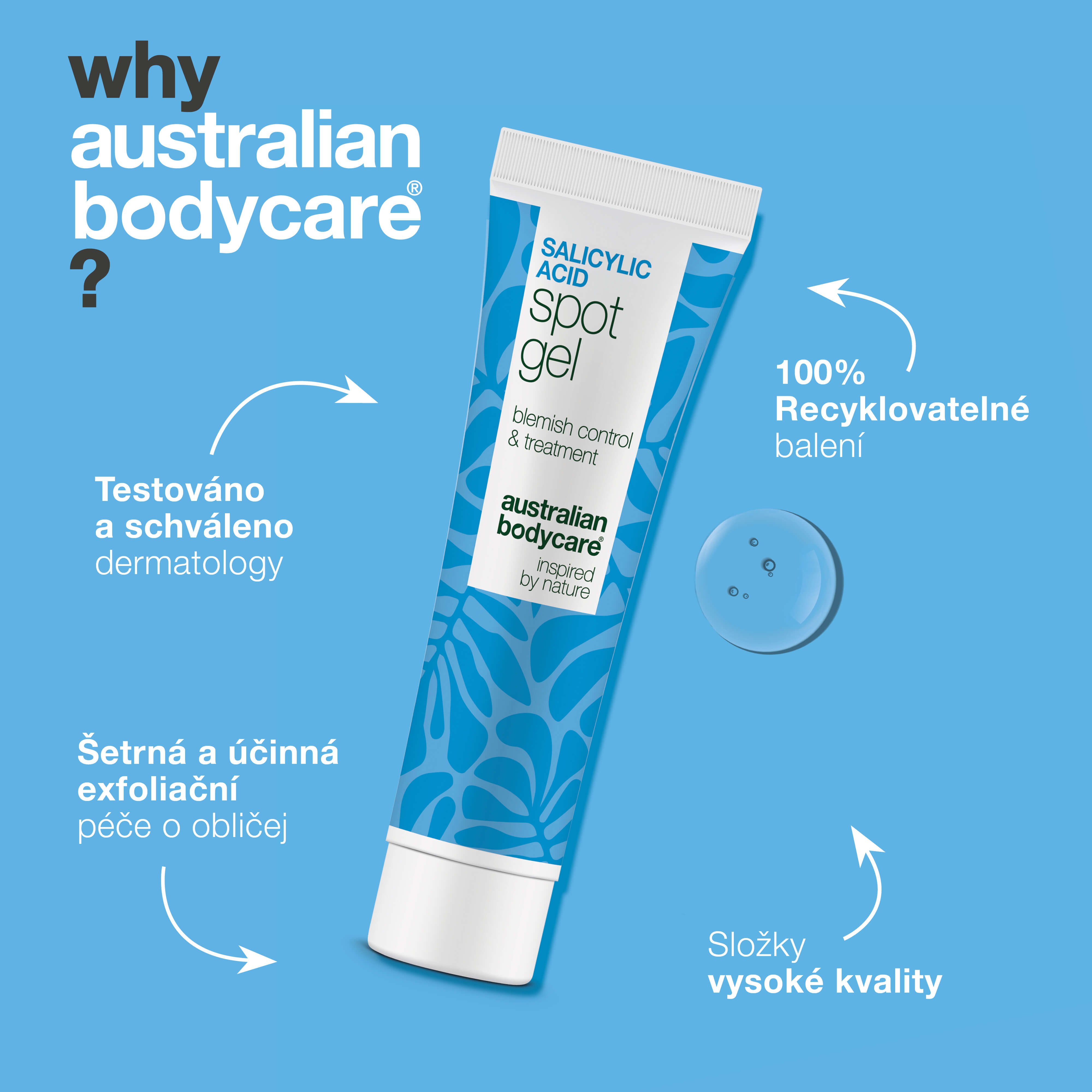 Gel s kyselinou salicylovou na pupínky a černé tečky — Spot Gel s kyselina salicylová odstraňuje maz a odumřelé buňky. Čistší, jemnější a vyvážená pleť díky kyselině salicylové.