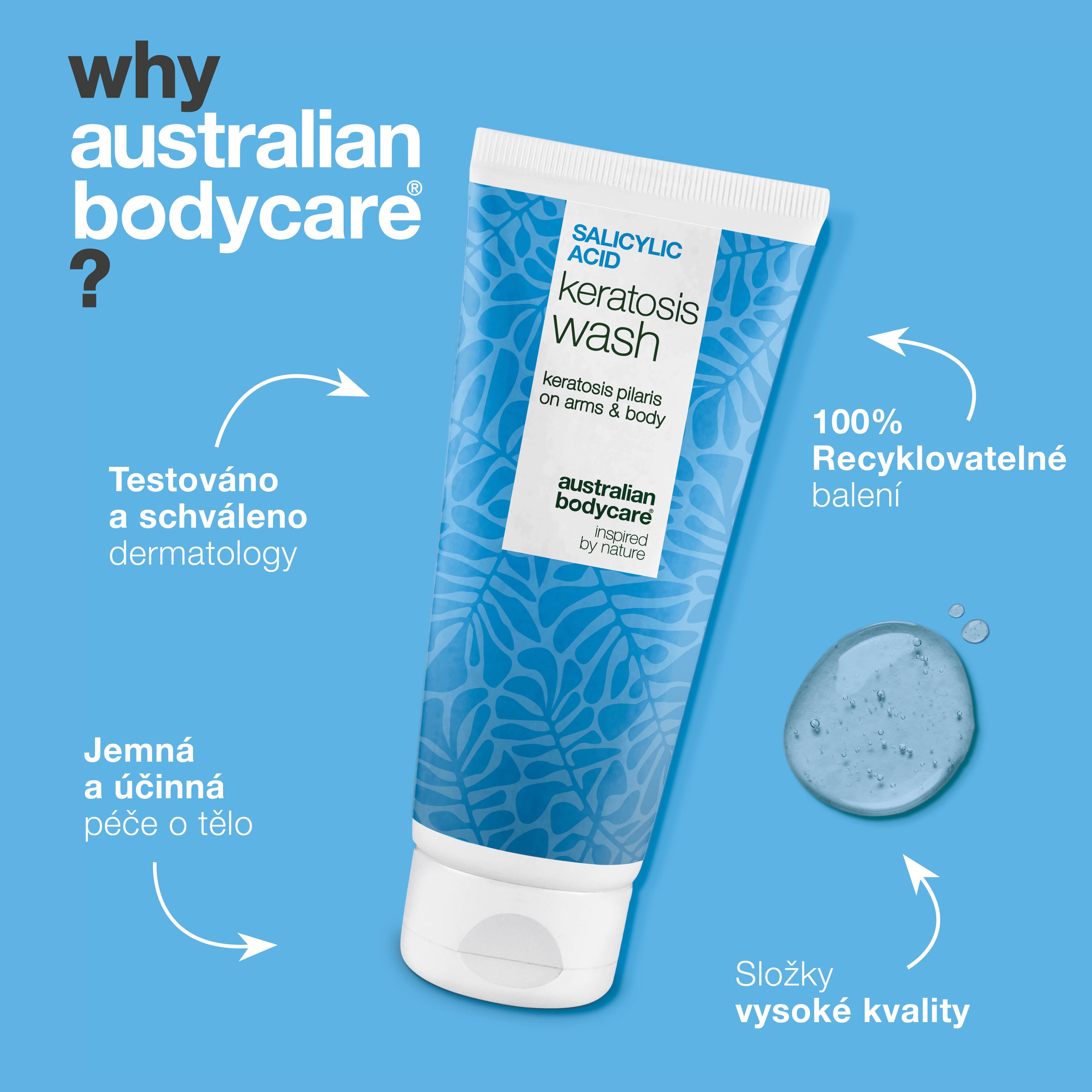 Keratosis Pilaris Sprchový gel na keratózu pilaris, ucpané póry a zarudnutí. S kyselinou salicylovou, niacinamidem, zinkem PCA a vitamínem E pro viditelné výsledky.