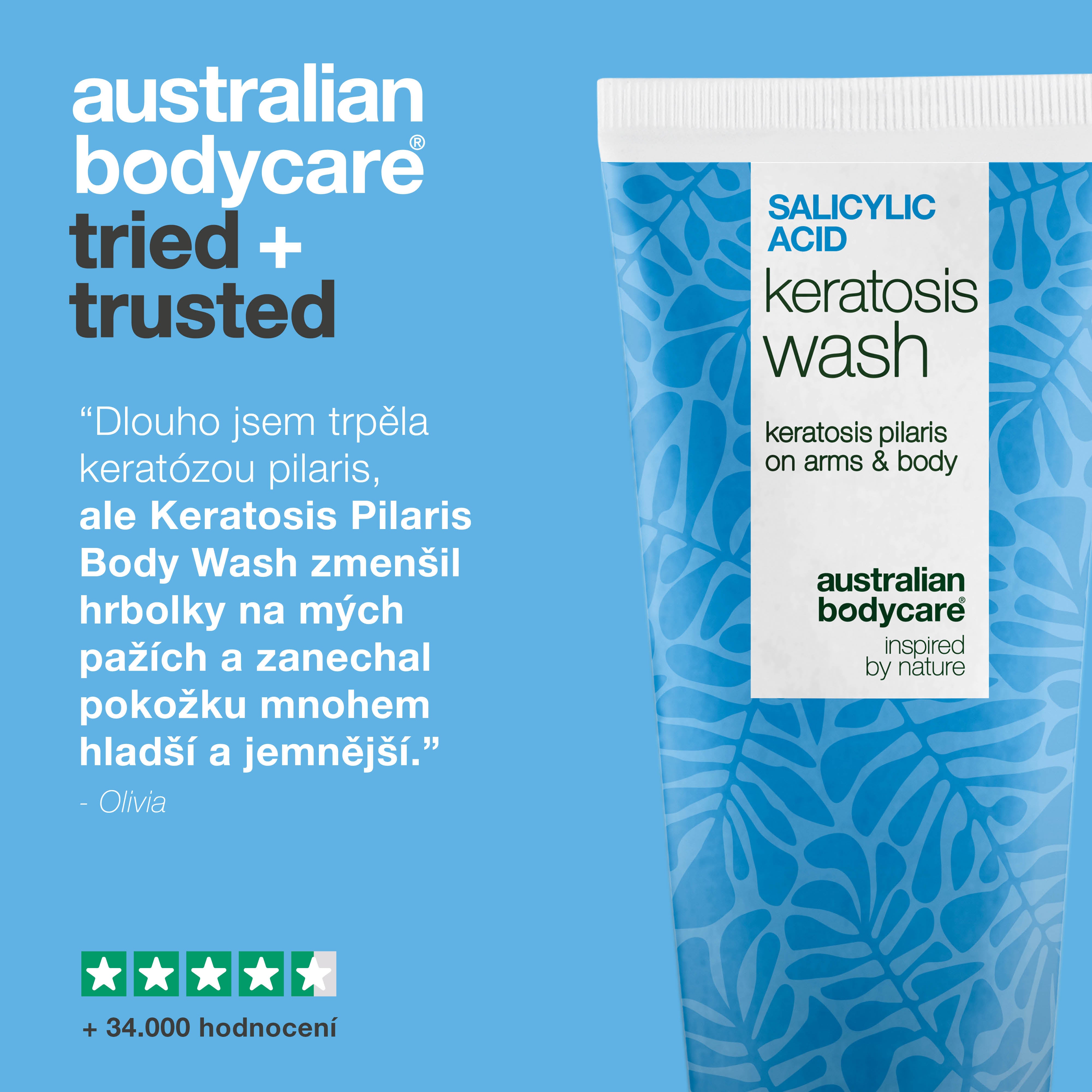 Keratosis Pilaris Sprchový gel na keratózu pilaris, ucpané póry a zarudnutí. S kyselinou salicylovou, niacinamidem, zinkem PCA a vitamínem E pro viditelné výsledky.