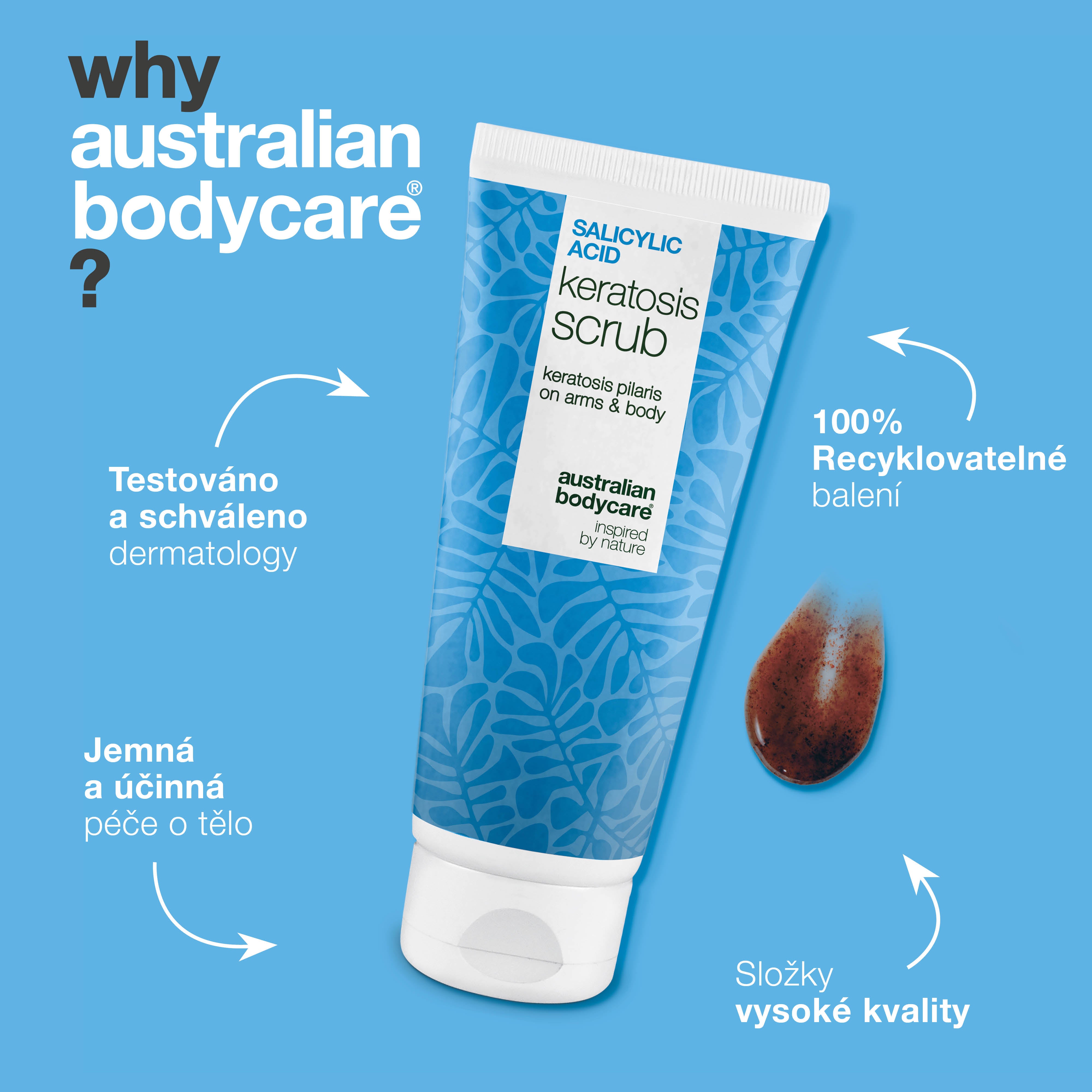 Tělový peeling Keratosis Pilaris odstraňuje odumřelé buňky a zjemňuje pokožku. S kyselinou salicylovou, glycerinem, allantoinem a kyselinou glykolovou.