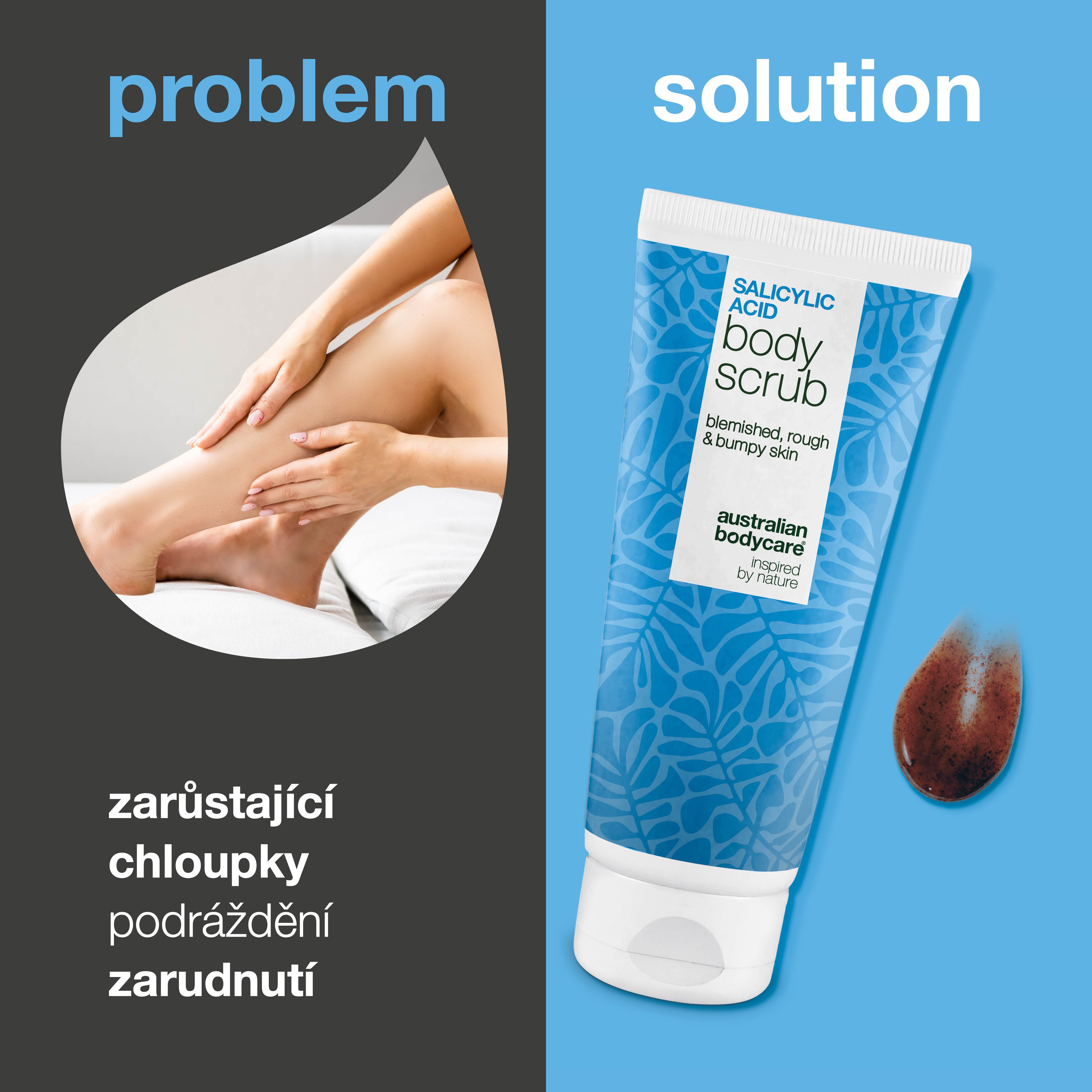 Shave Scrub pro hladkou, jemnou pokožku bez zarudnutí po holení. Klíčové složky: Kyselina salicylová, Kyselina glykolová, Glycerin a Allantoin.