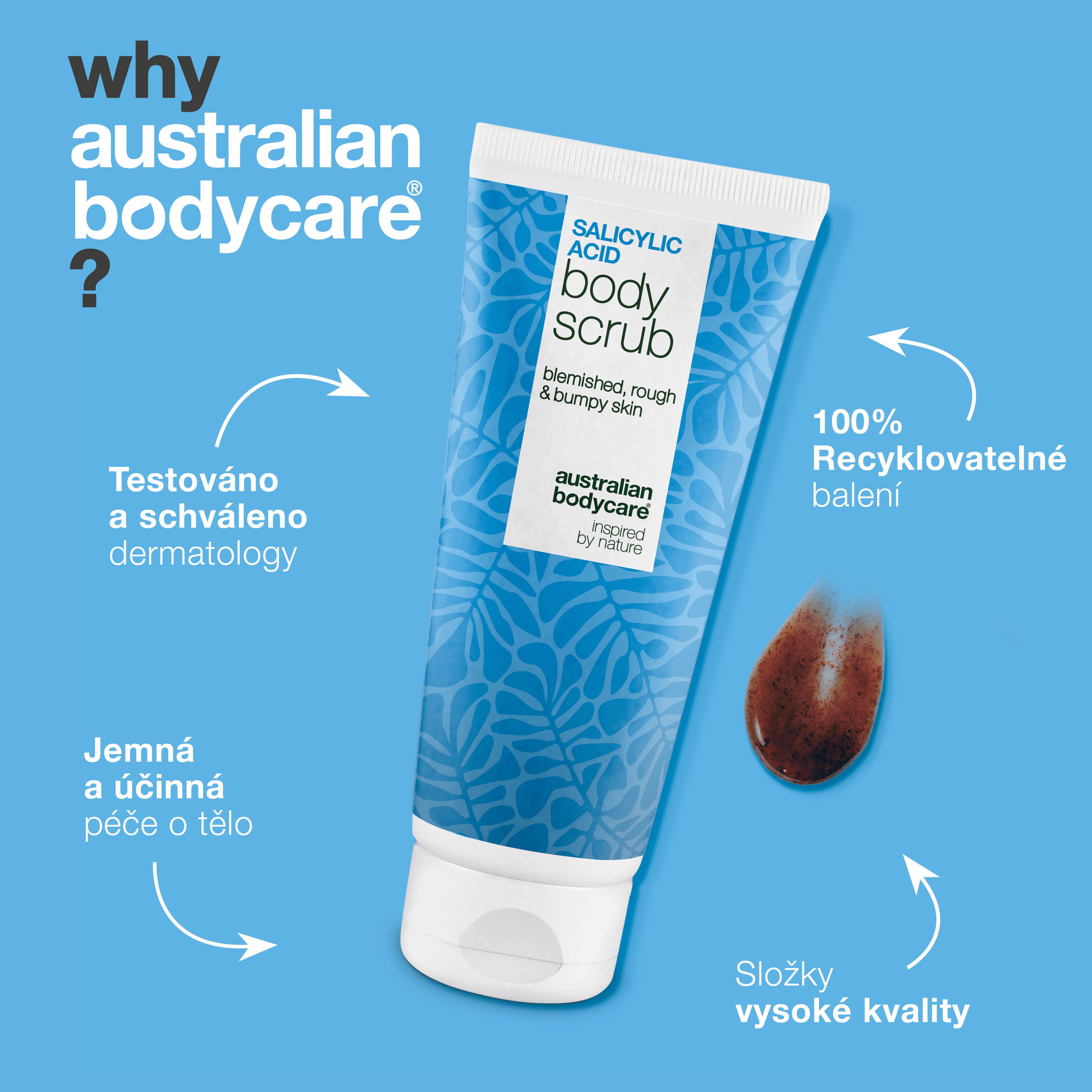 Shave Scrub pro hladkou, jemnou pokožku bez zarudnutí po holení. Klíčové složky: Kyselina salicylová, Kyselina glykolová, Glycerin a Allantoin.