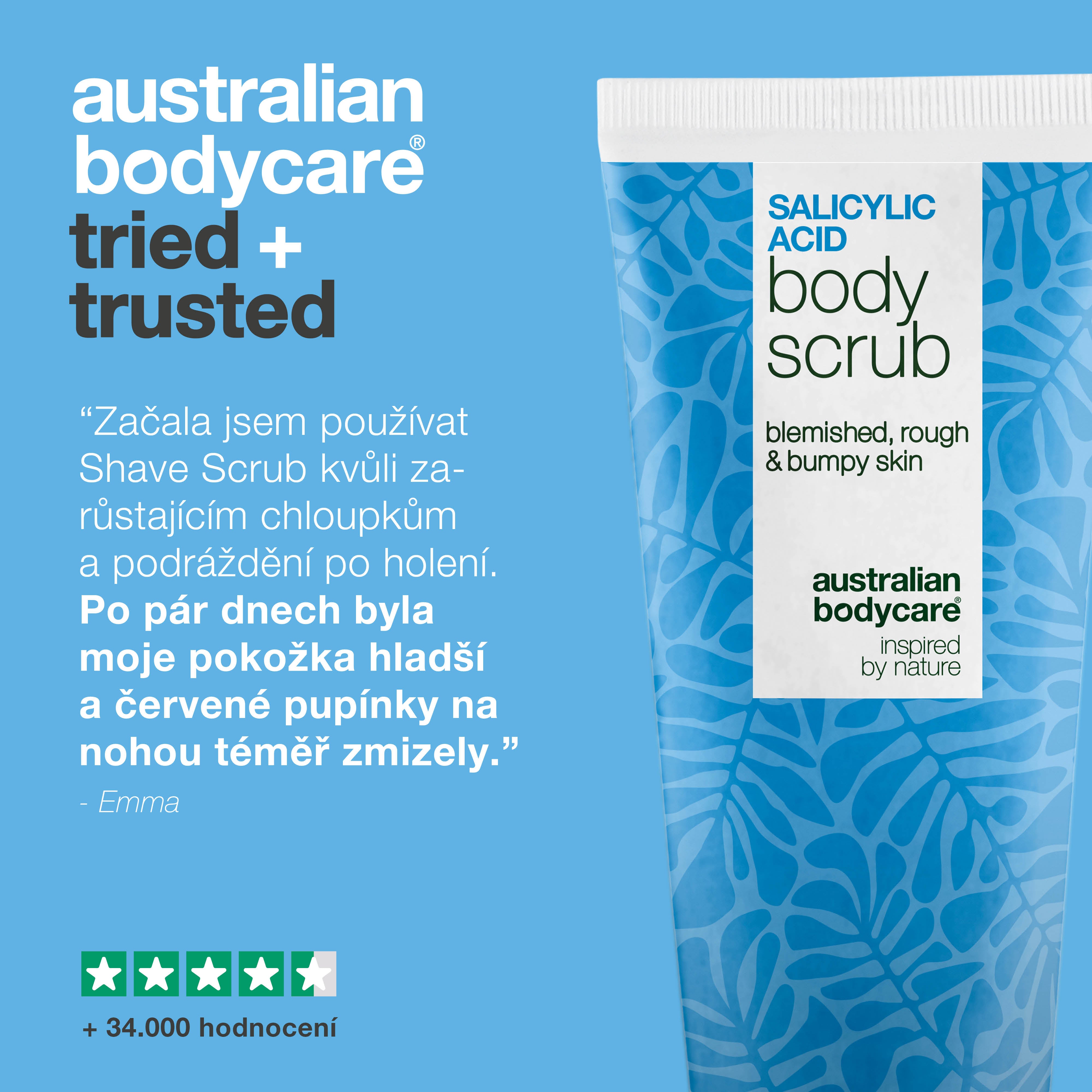 Shave Scrub pro hladkou, jemnou pokožku bez zarudnutí po holení. Klíčové složky: Kyselina salicylová, Kyselina glykolová, Glycerin a Allantoin.