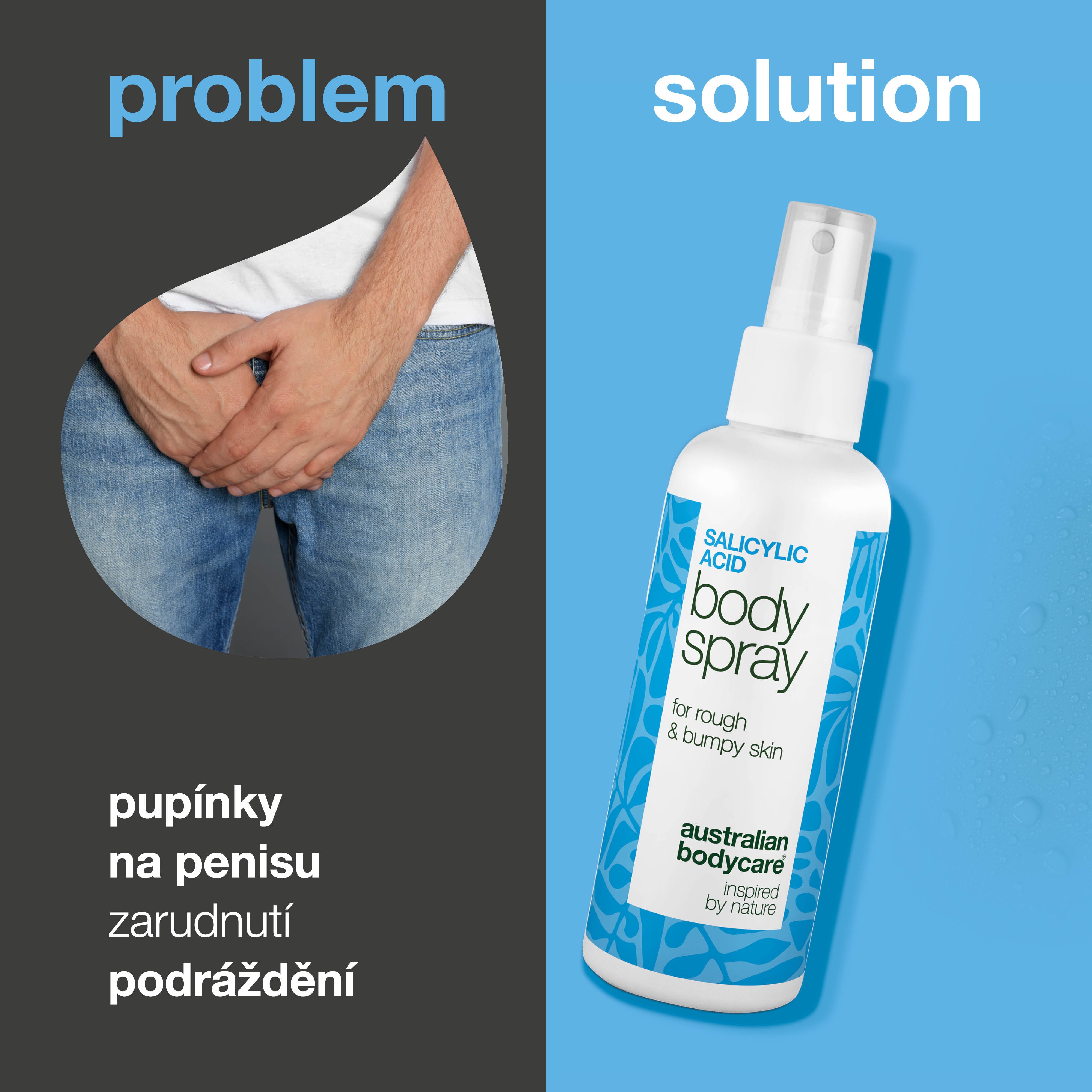 Spray proti pupínkům na penisu čistí póry a předchází novým vyrážkám. S kyselinou salicylovou, kyselinou glykolovou, glycerinem, panthenolem a zinkem.