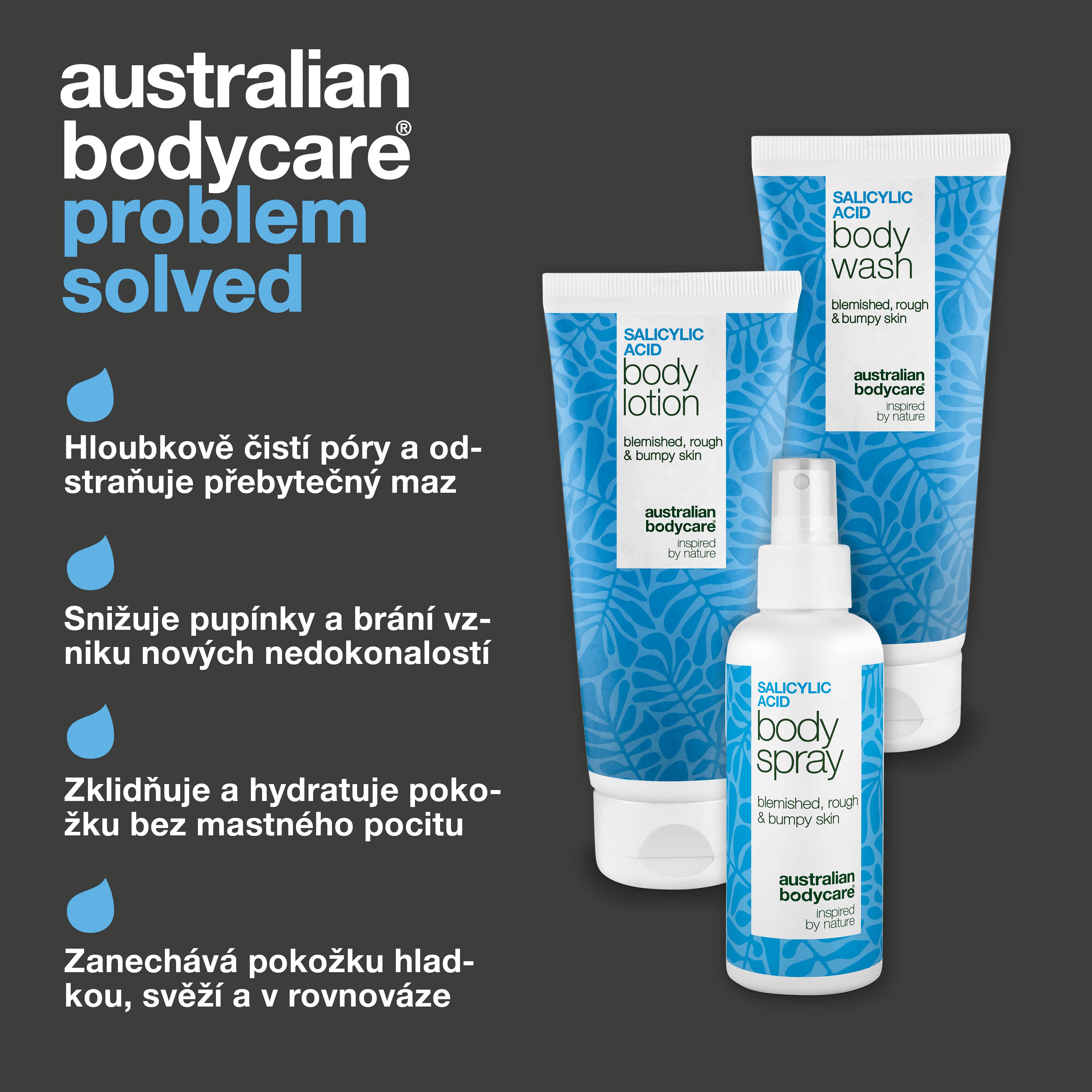Tělová sada na pupínky a nečistou pokožku – 3 produkty s kyselinou salicylovou — Tělová péče na pupínky a akné. Obsahuje kyselinu salicylovou a niacinamid, které čistí, zklidňují a vyrovnávají pokožku