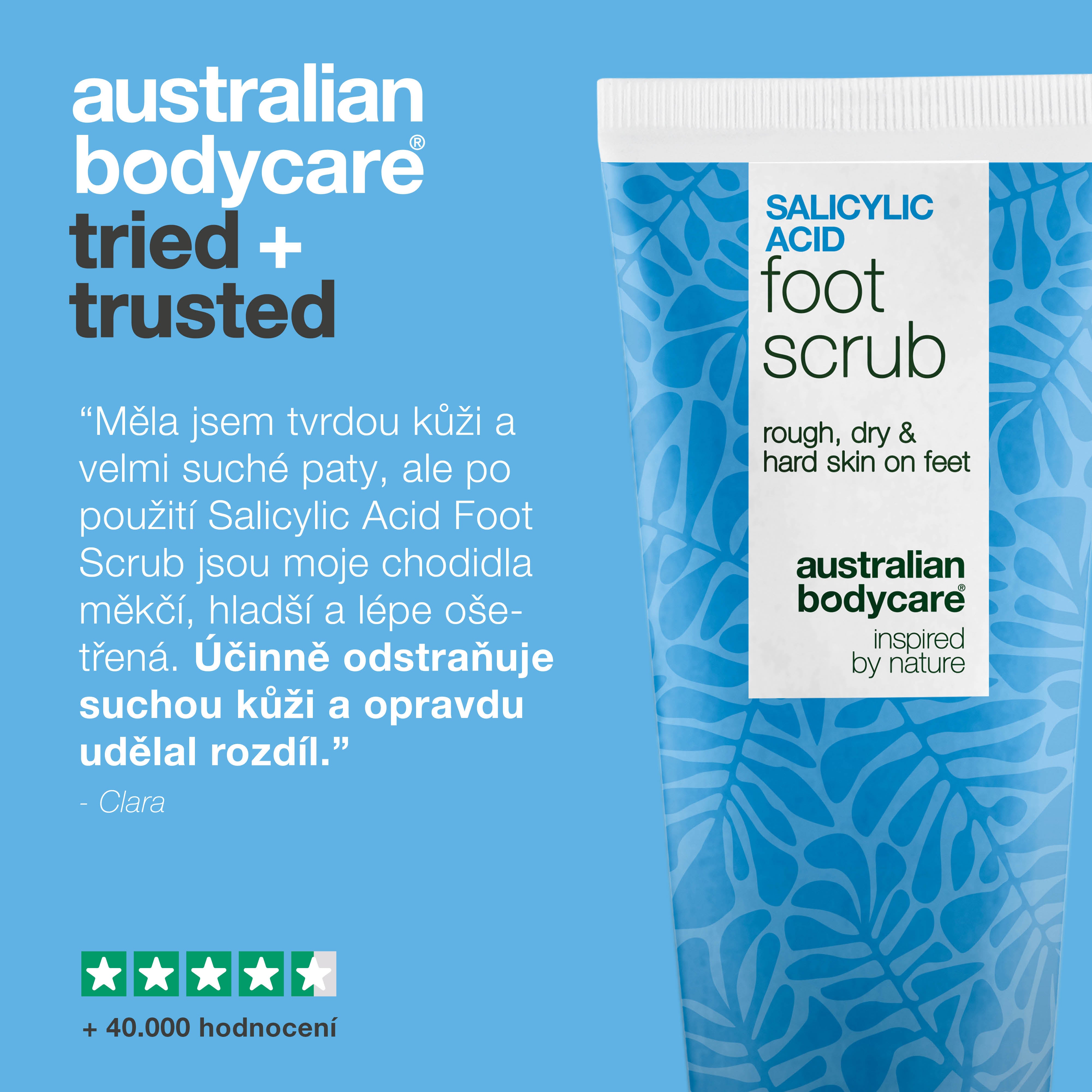 Exfoliační peeling na chodidla s kyselinou salicylovou na suchou pokožku