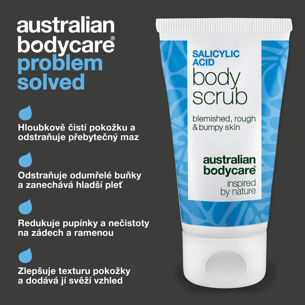 Salicylic Acid Body Scrub čistí pokožku do hloubky a odstraňuje přebytečný maz, uvolňuje odumřelé buňky, snižuje pupínky na zádech, ramenou a hrudi a vyhlazuje drsnou pokožku