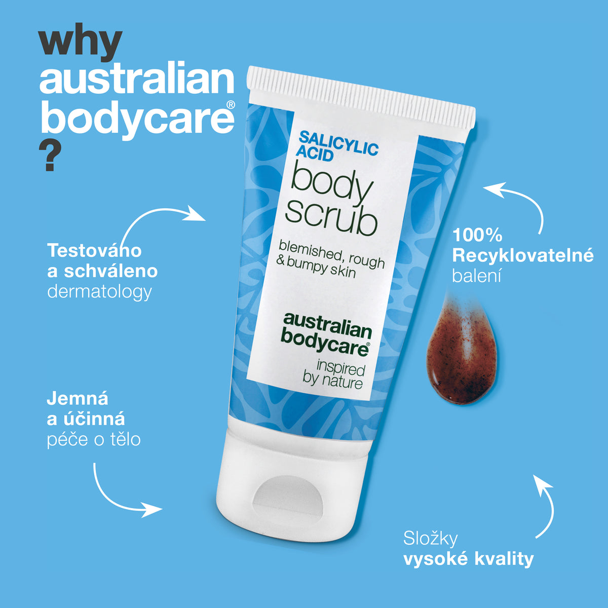 Proč Australian Bodycare: Salicylic Acid Body Scrub je testovaný a schválený dermatology, jemný a účinný pro péči o tělo, se složkami vysoké kvality a ve 100% recyklovatelném balení
